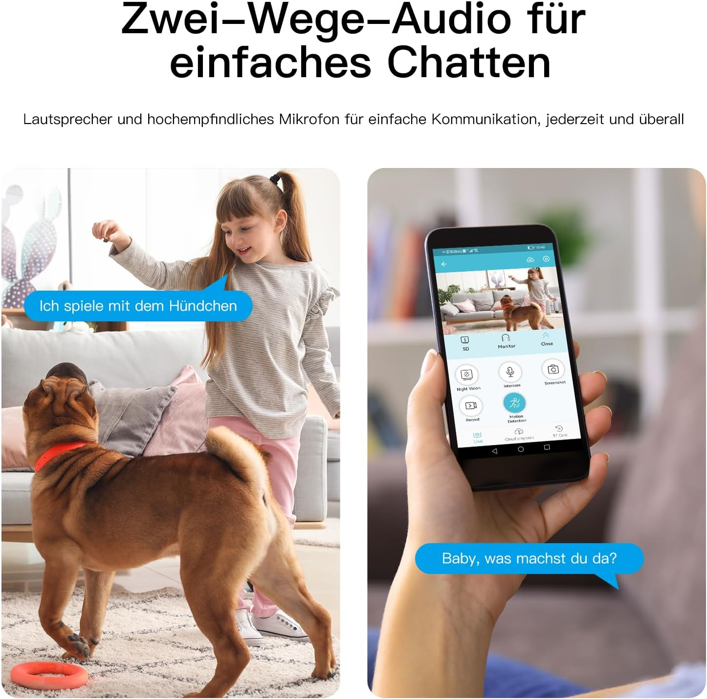 Mädchen spielt mit Hund; Handy zeigt Überwachungsansicht des Raumes.
