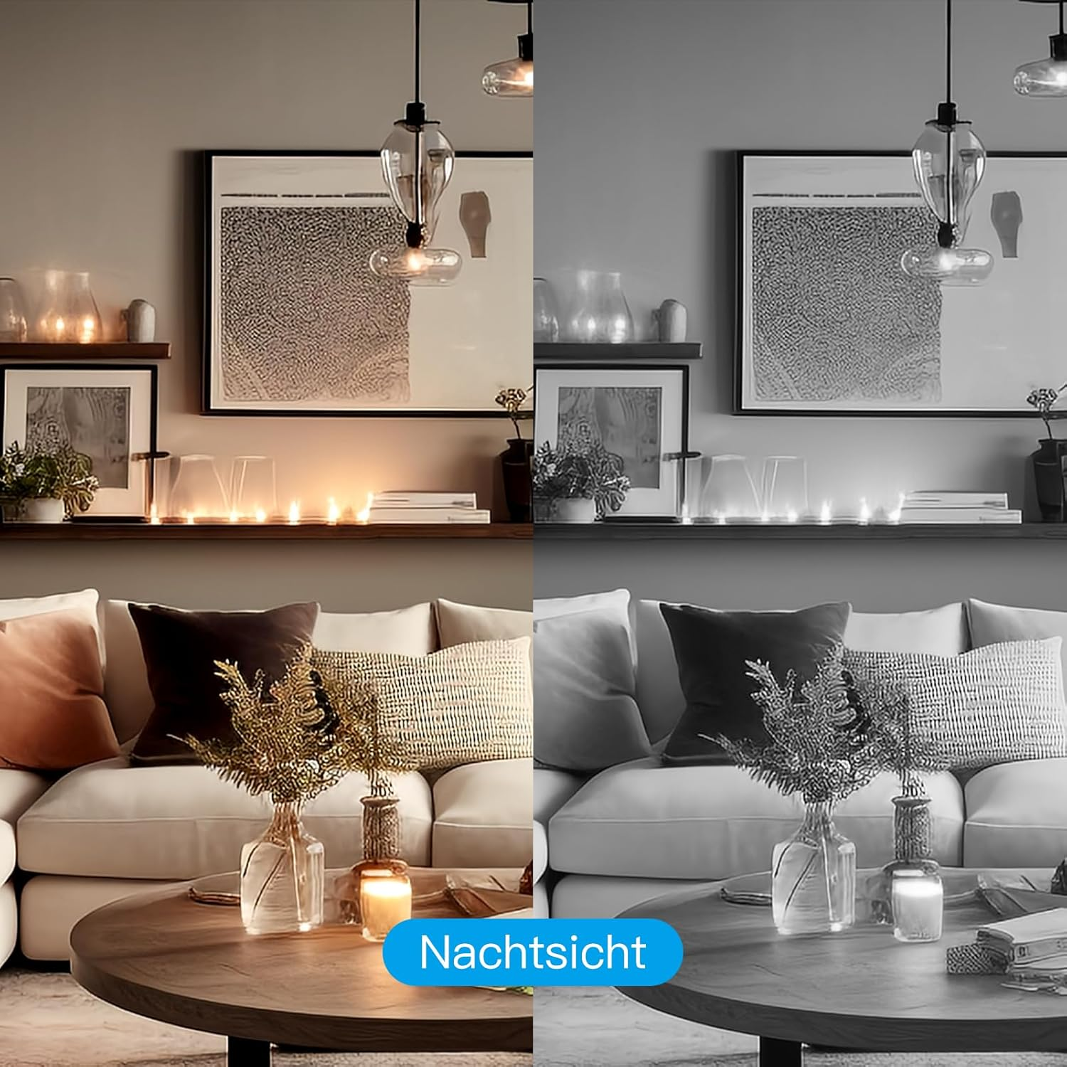 Ein Wohnzimmer mit Sofa, Tisch und Lichtern, geteilt in Farb- und Nachtsicht.