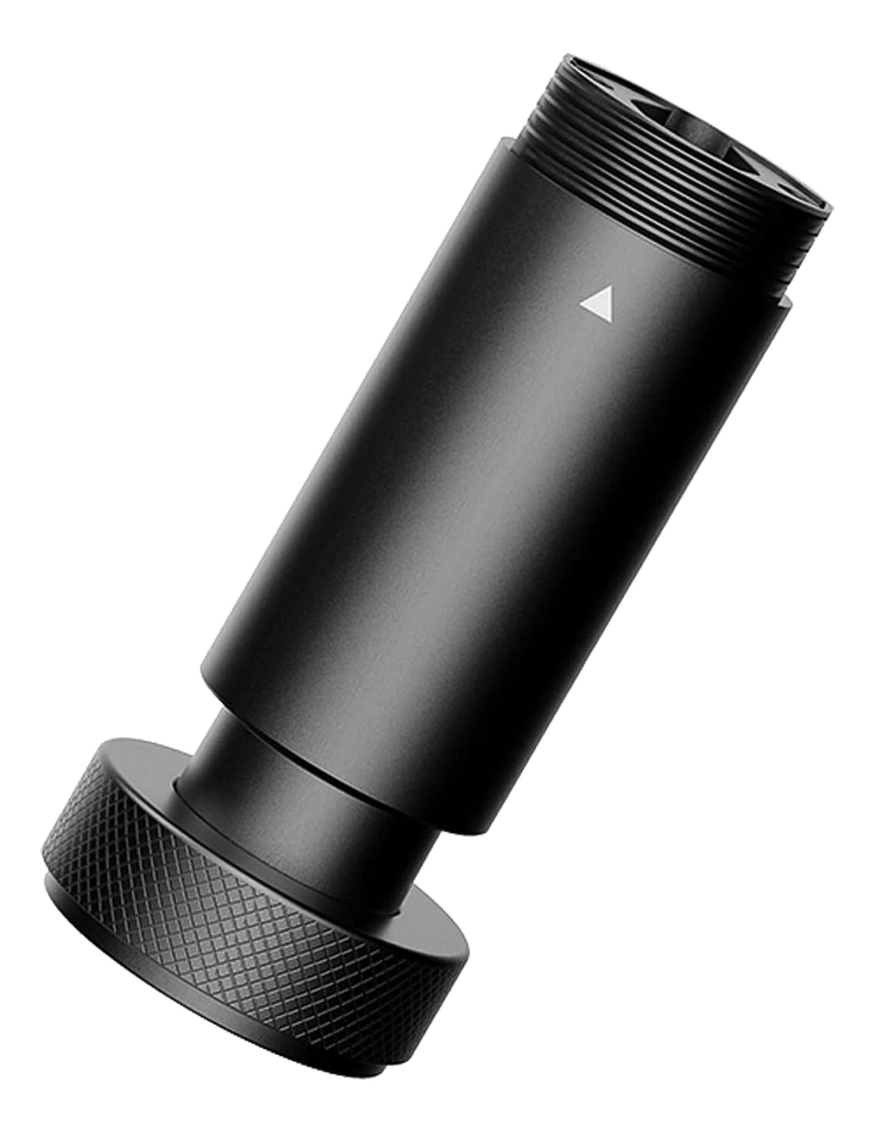 Un objet noir et cylindrique avec un filetage à une extrémité et une poignée moletée à la base.