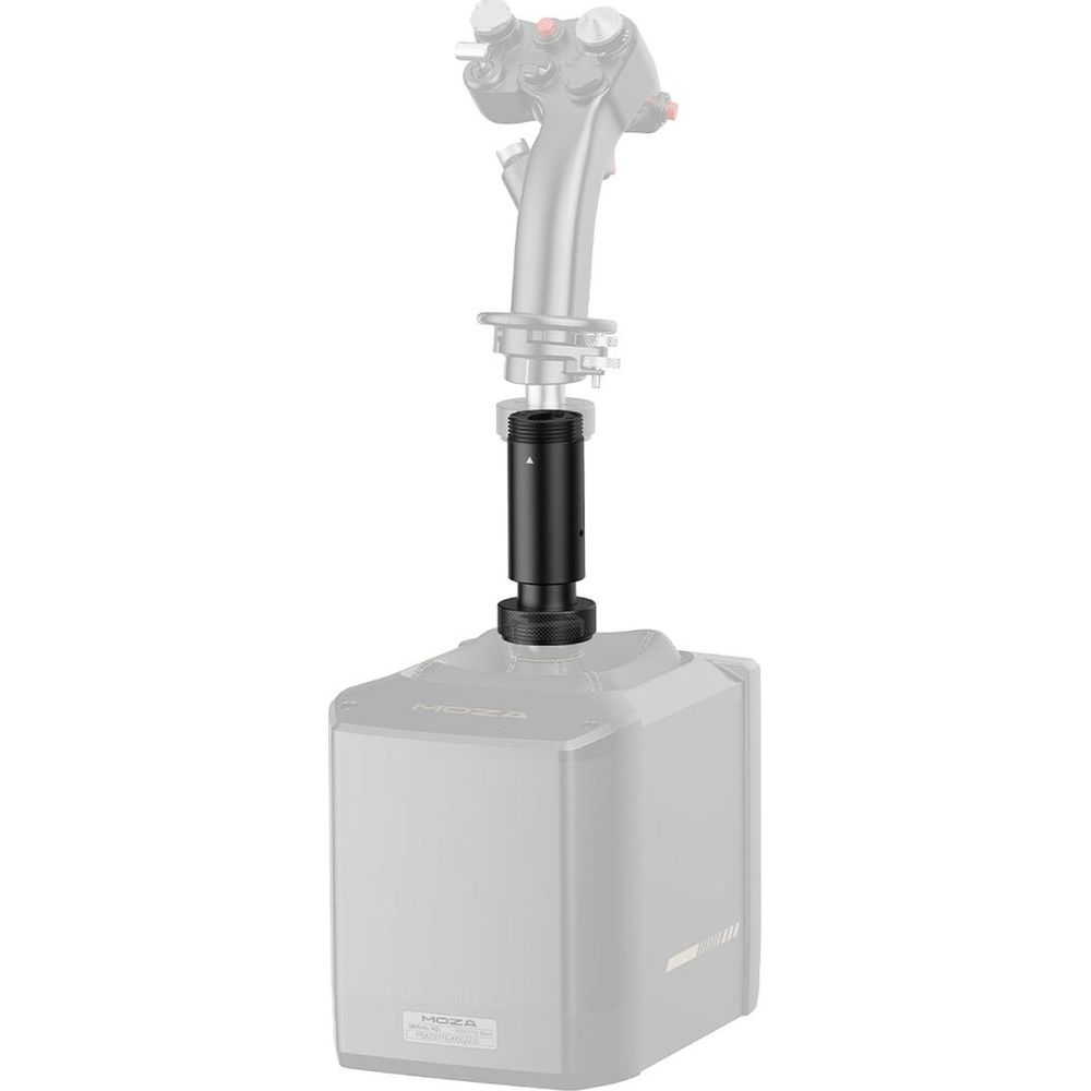 Un adaptateur noir relie un joystick argenté à une base grise.