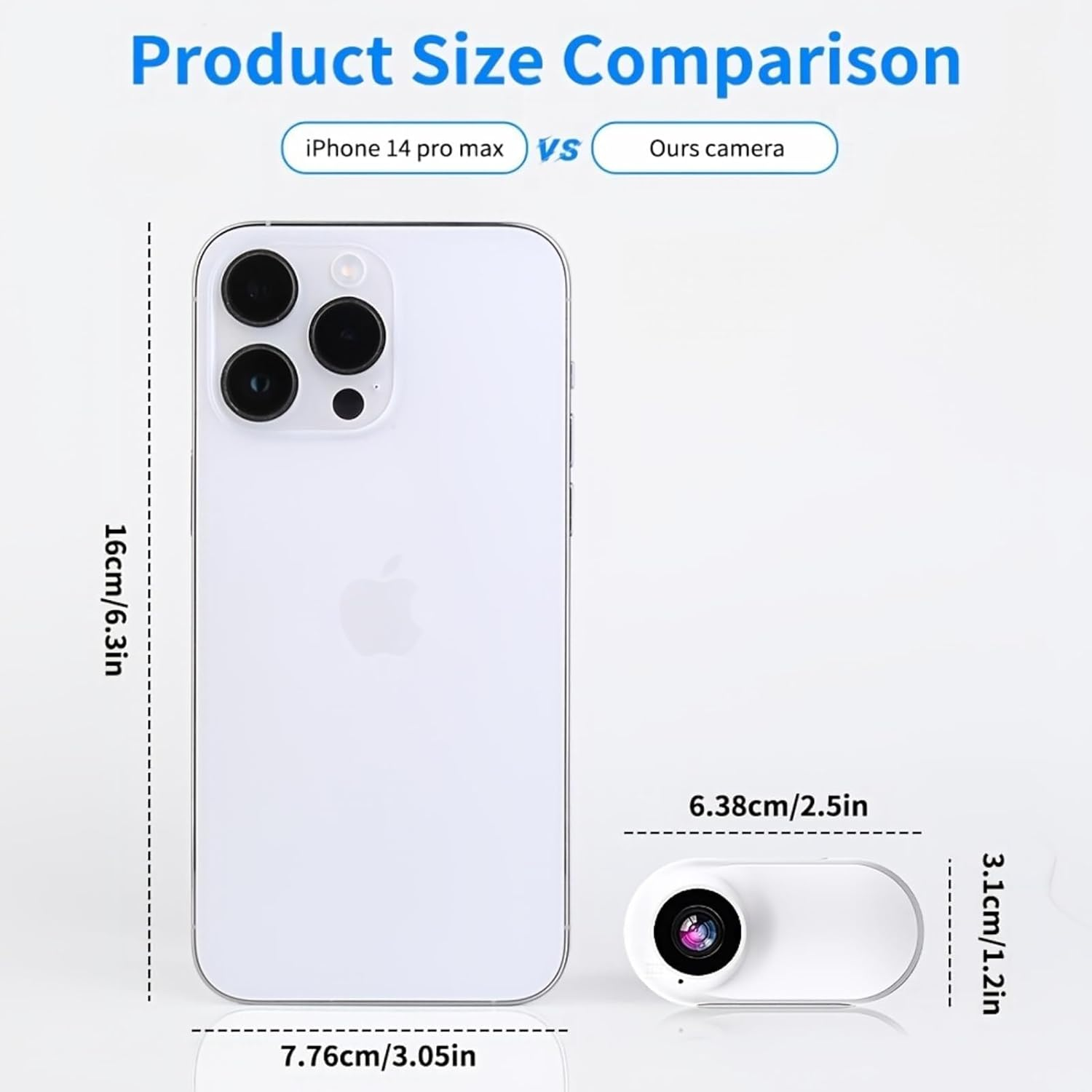 Vergleich von iPhone 14 Pro Max und unserer Kamera mit Maßen.