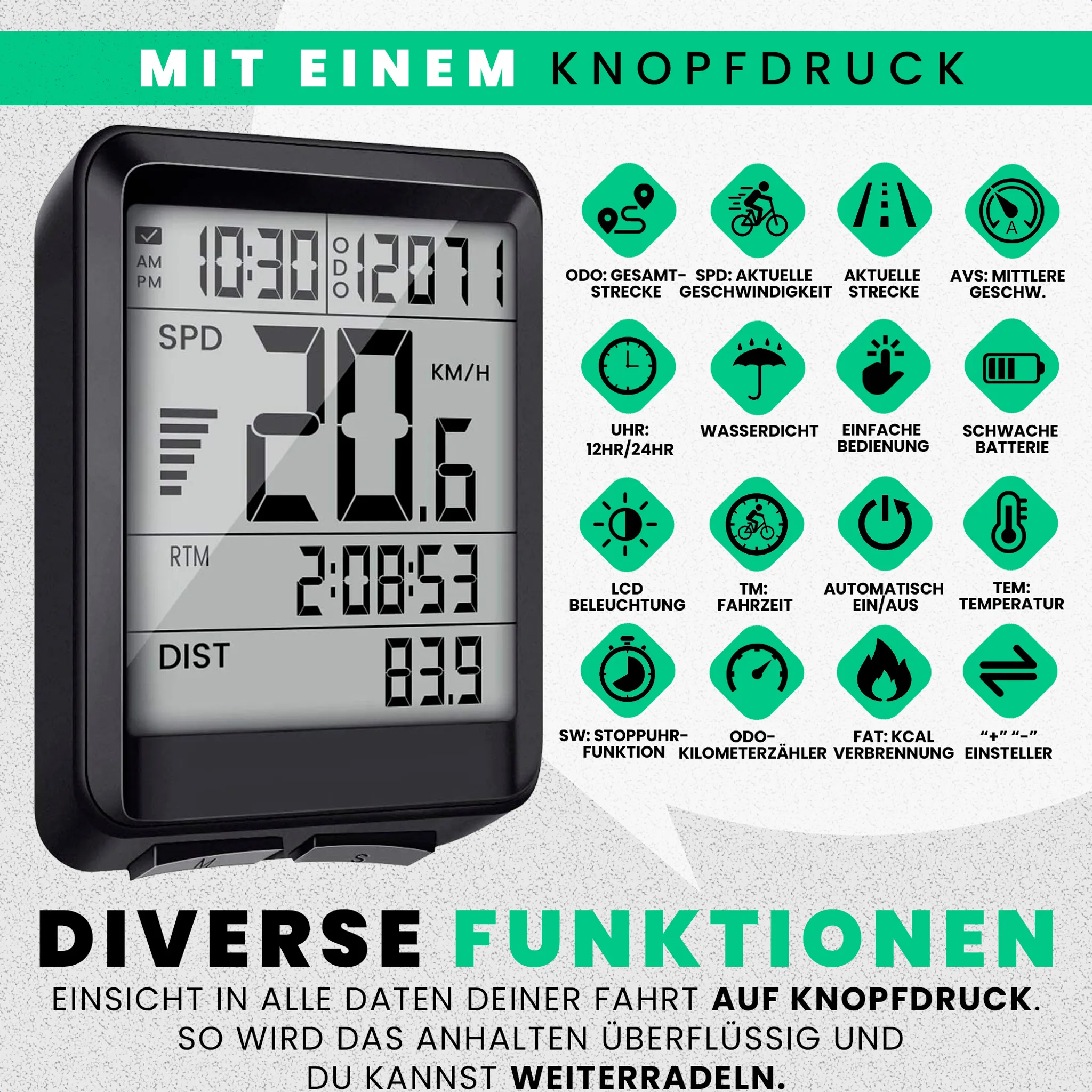 Ein Fahrradcomputer mit digitalem Display zeigt Uhrzeit, Geschwindigkeit und Distanz.