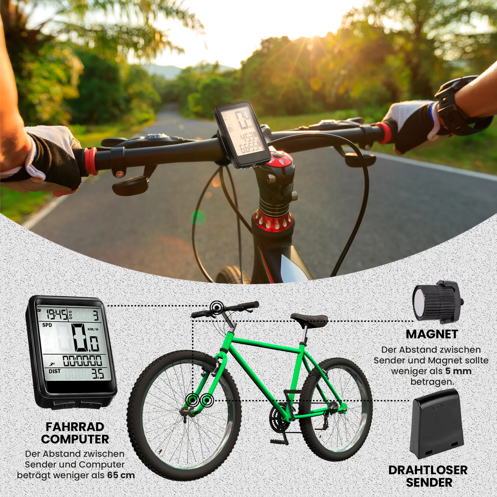 Fahrrad mit Computer, Magnet und Sender. Blick von vorn auf Lenker mit Sonnenschein.