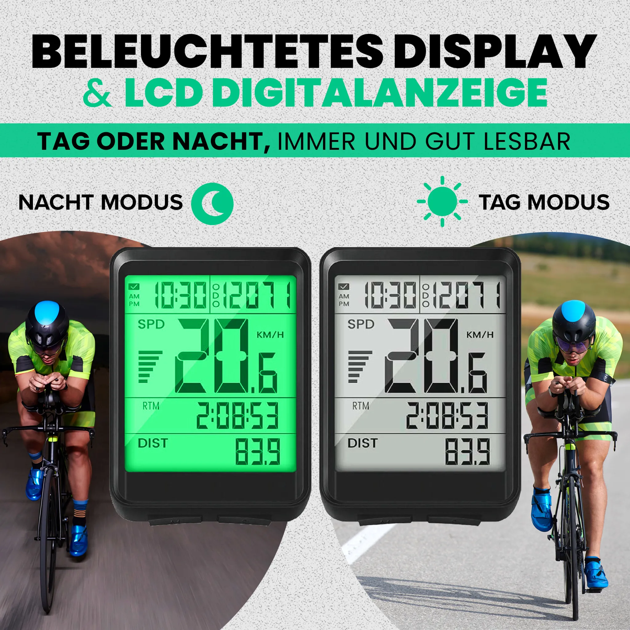 Zwei Fahrradcomputer zeigen unterschiedliche Modi: Nachtmodus mit grünem Display, Tagmodus mit hellem Display.