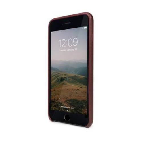 Un iPhone rosso con sfondo montuoso, che mostra le 12:09.