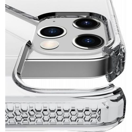 Primo piano di una custodia trasparente per telefono che mostra il gruppo di obiettivi della fotocamera.