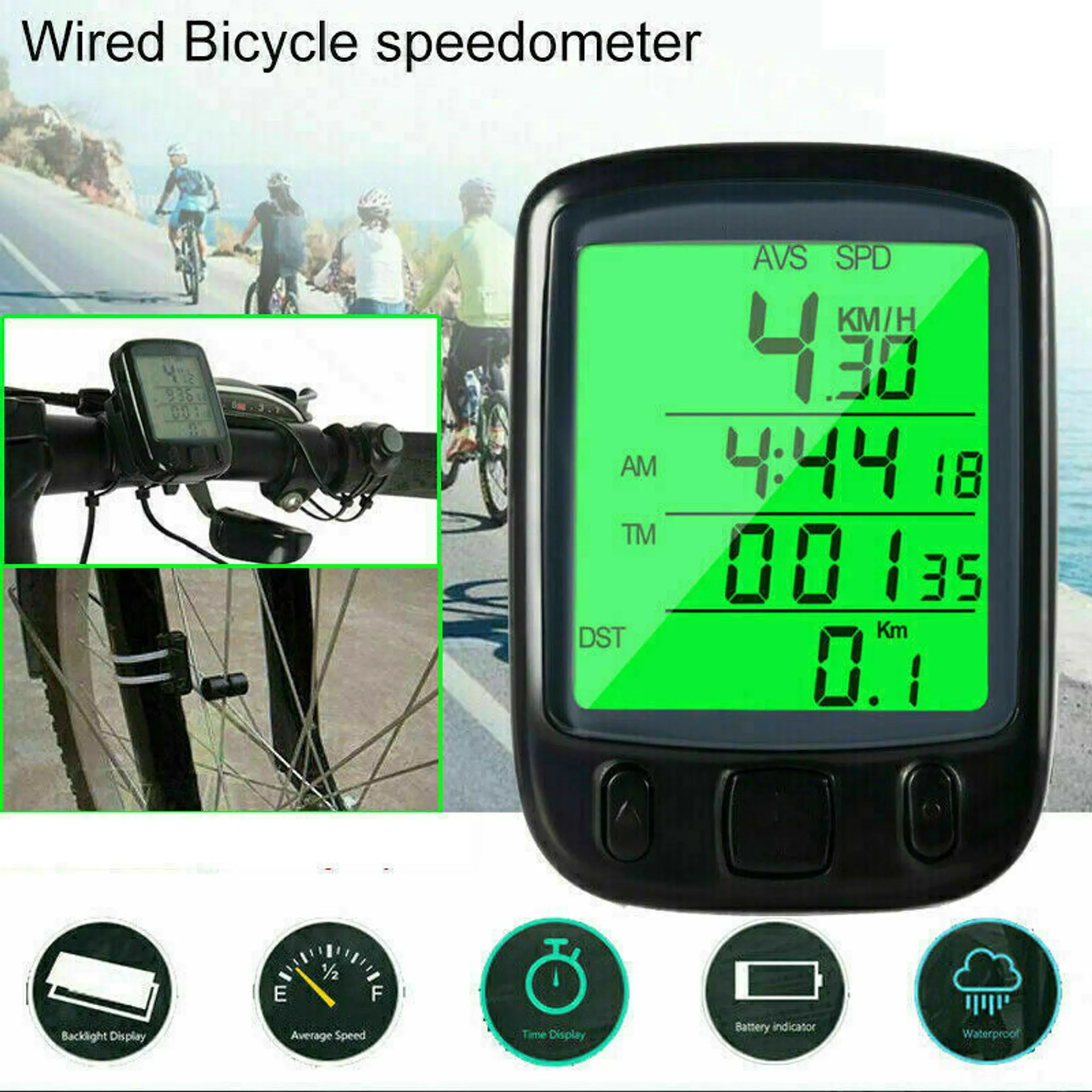 Fahrradcomputer mit hellem Bildschirm, zeigt Geschwindigkeit, Zeit und Distanz.