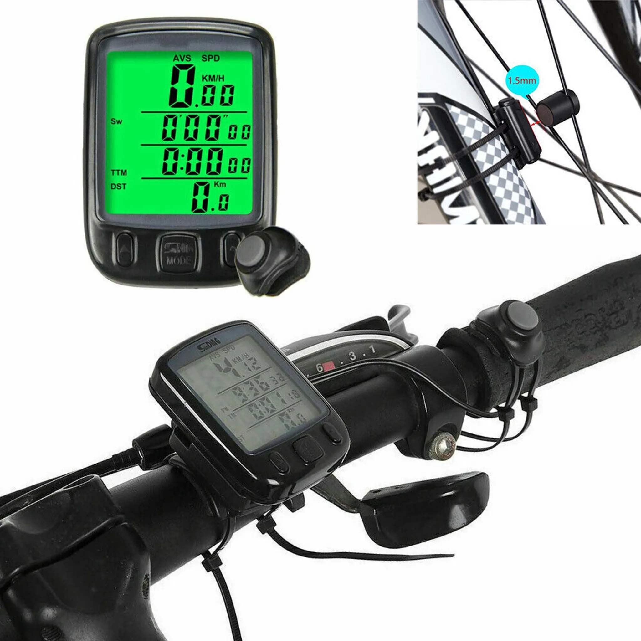 Fahrradcomputer mit grünem Display, am Lenker montiert. Radsensor am Speichenrad.