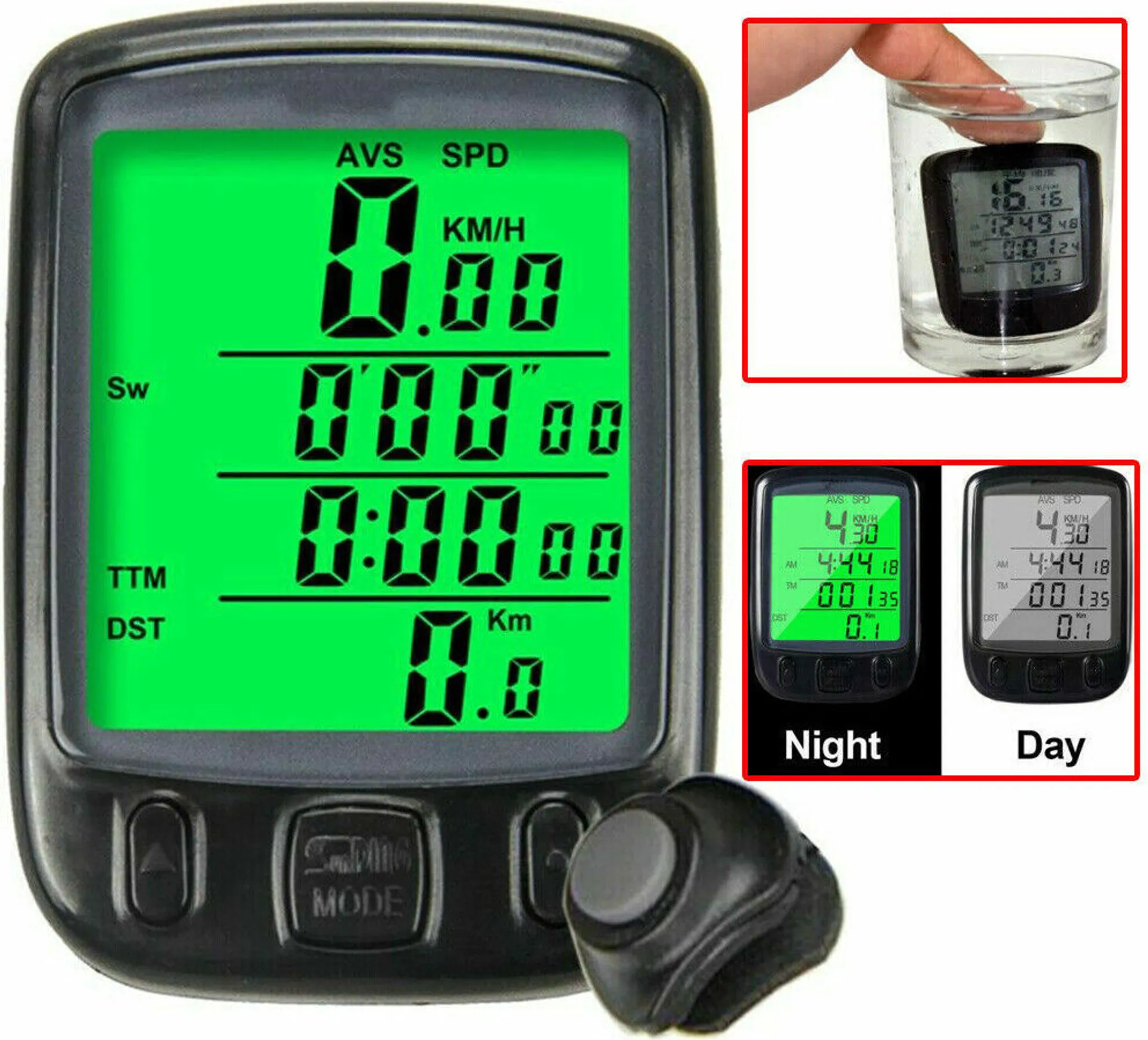 Digitaler Fahrradcomputer mit großem grünen Display. Zeigt Geschwindigkeit, Distanz und Zeit an.