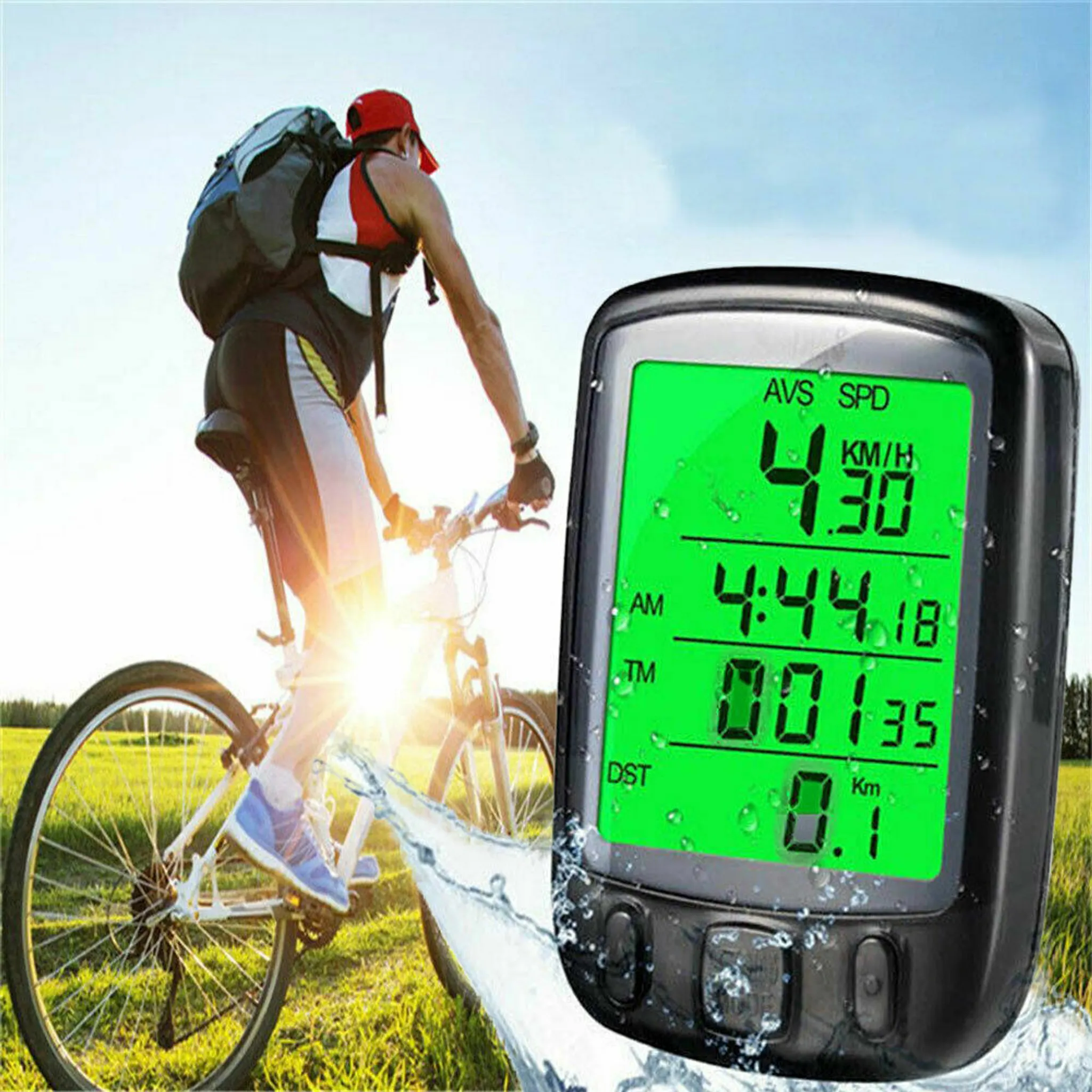 Fahrradcomputer zeigt Geschwindigkeit und Distanz an, Radfahrer mit Rucksack fährt.