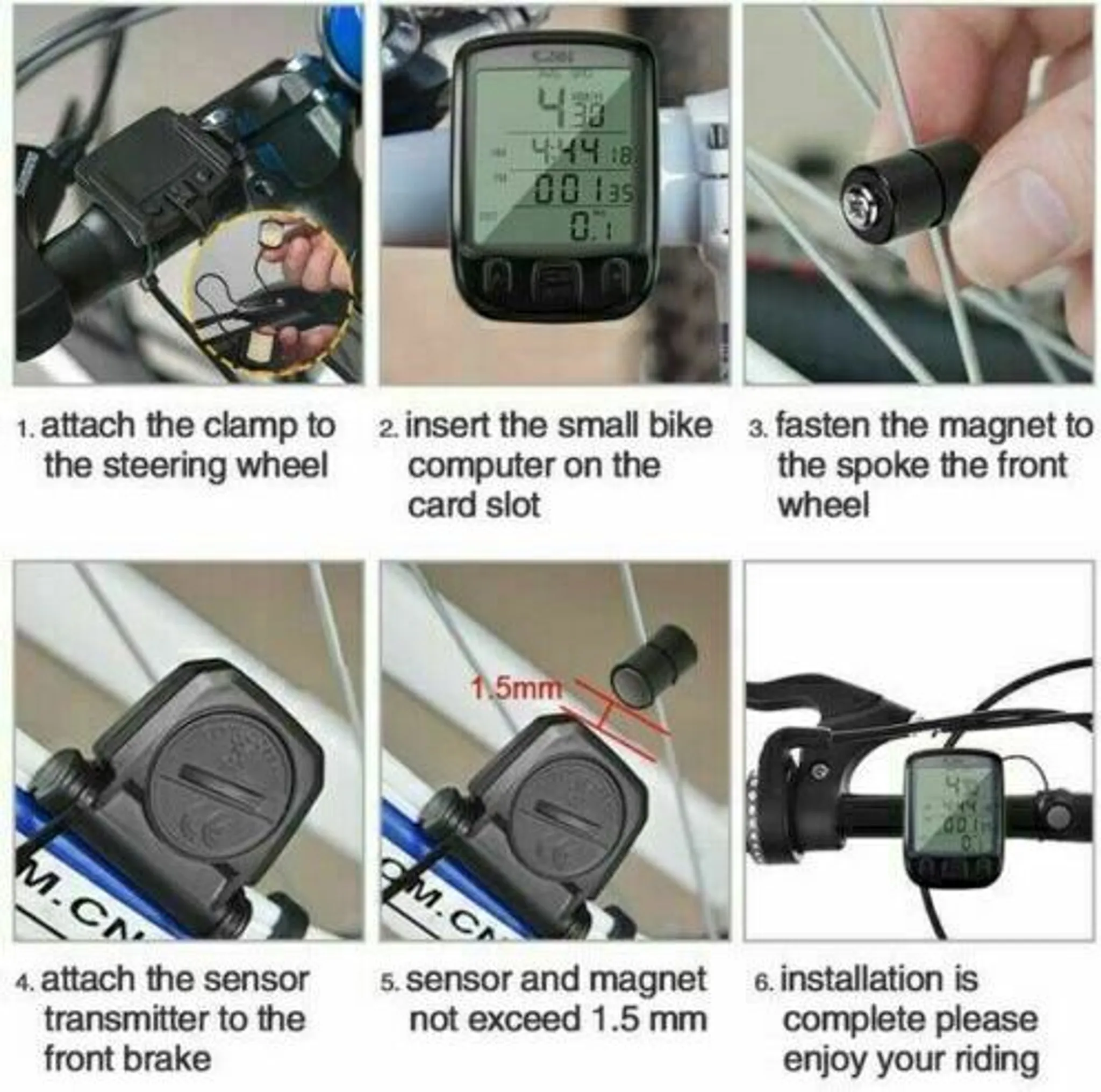 Schritt-für-Schritt-Anleitung zur Montage eines Fahrradcomputers: Lenkerbefestigung, Einsetzen des Computers, Magnet an Speiche, Sensor am Bremskabel.