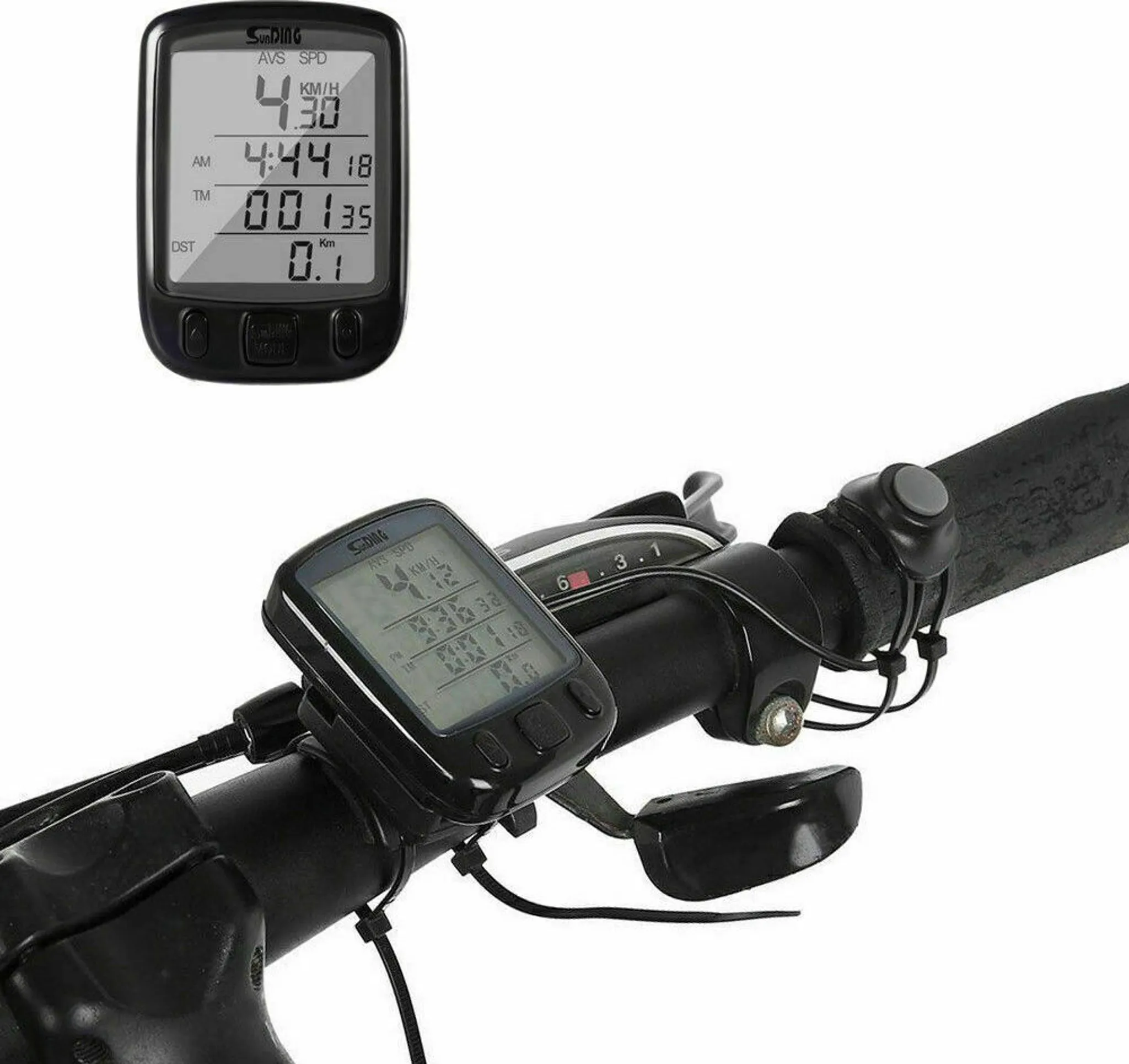 Ein schwarzer Fahrradcomputer ist am Lenker montiert. Er zeigt Geschwindigkeit, Zeit und Distanz.