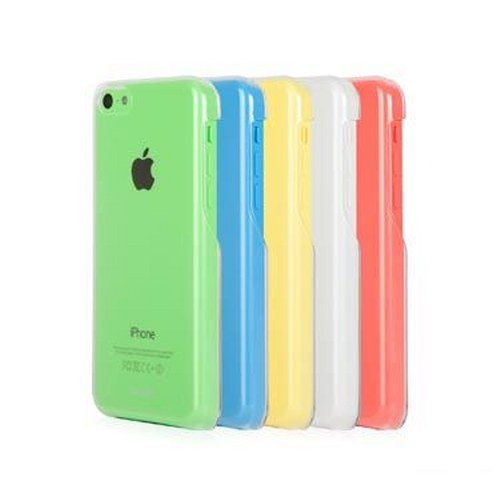 Cinque custodie colorate per telefono allineate: verde, blu, giallo, bianco, rosso.