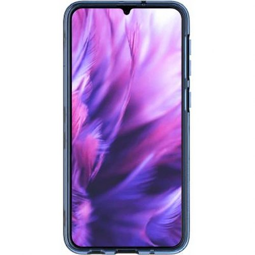 Uno smartphone blu con uno sfondo blu e viola sfocato.