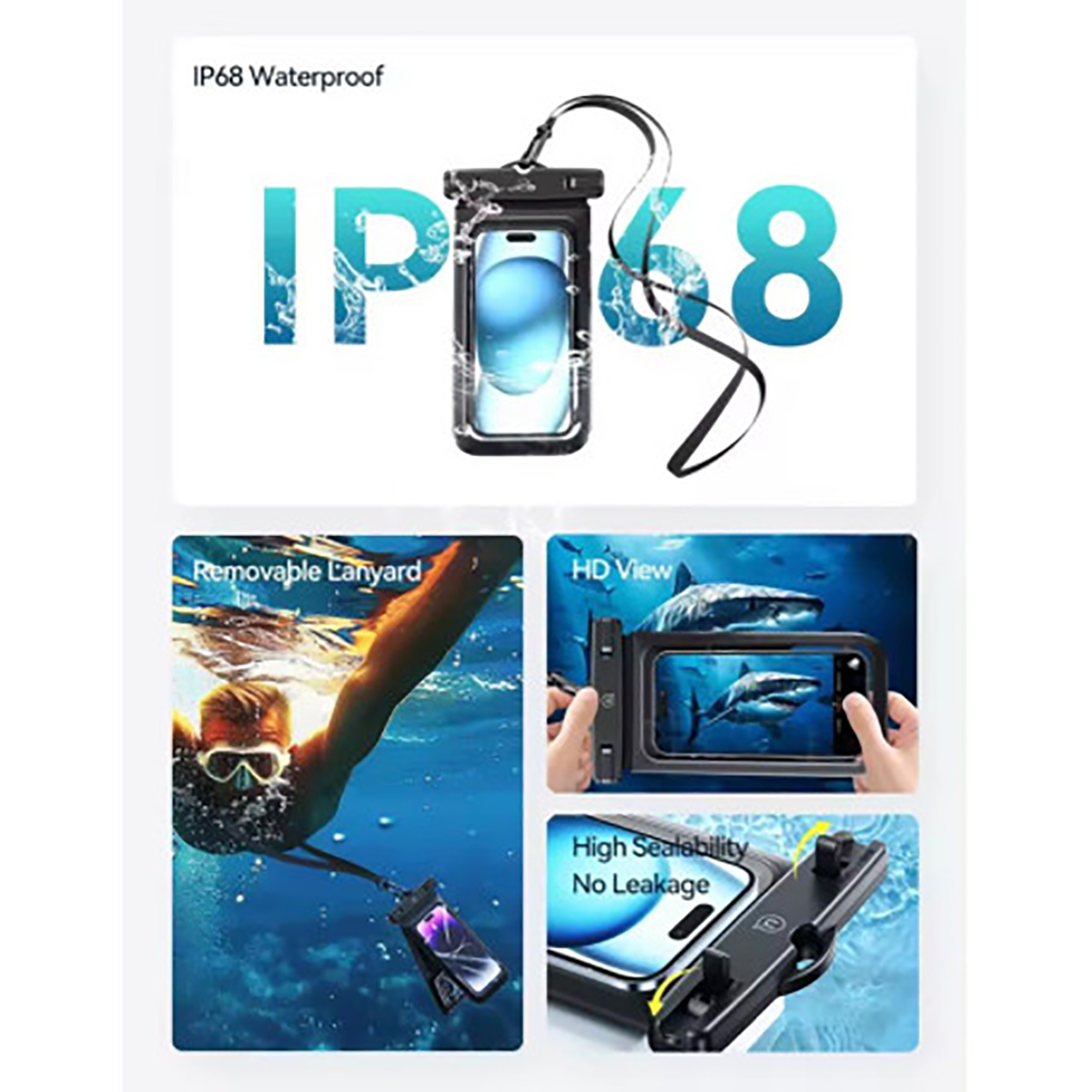 Custodia impermeabile IP68 con telefono, sub, squali e dettagli.
