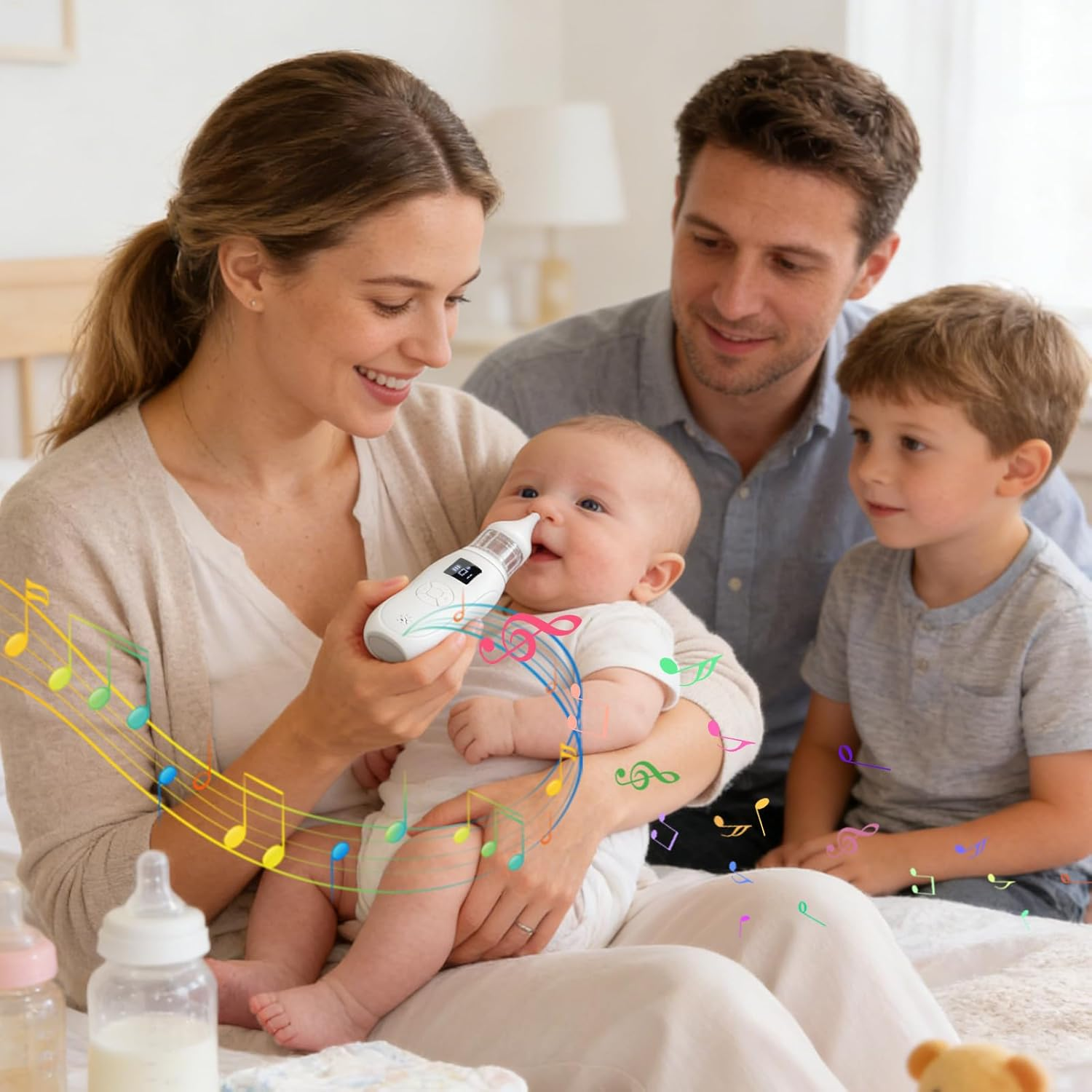 Familie mit Baby auf Bett. Mutter benutzt Nasensauger. Musiknoten schweben.