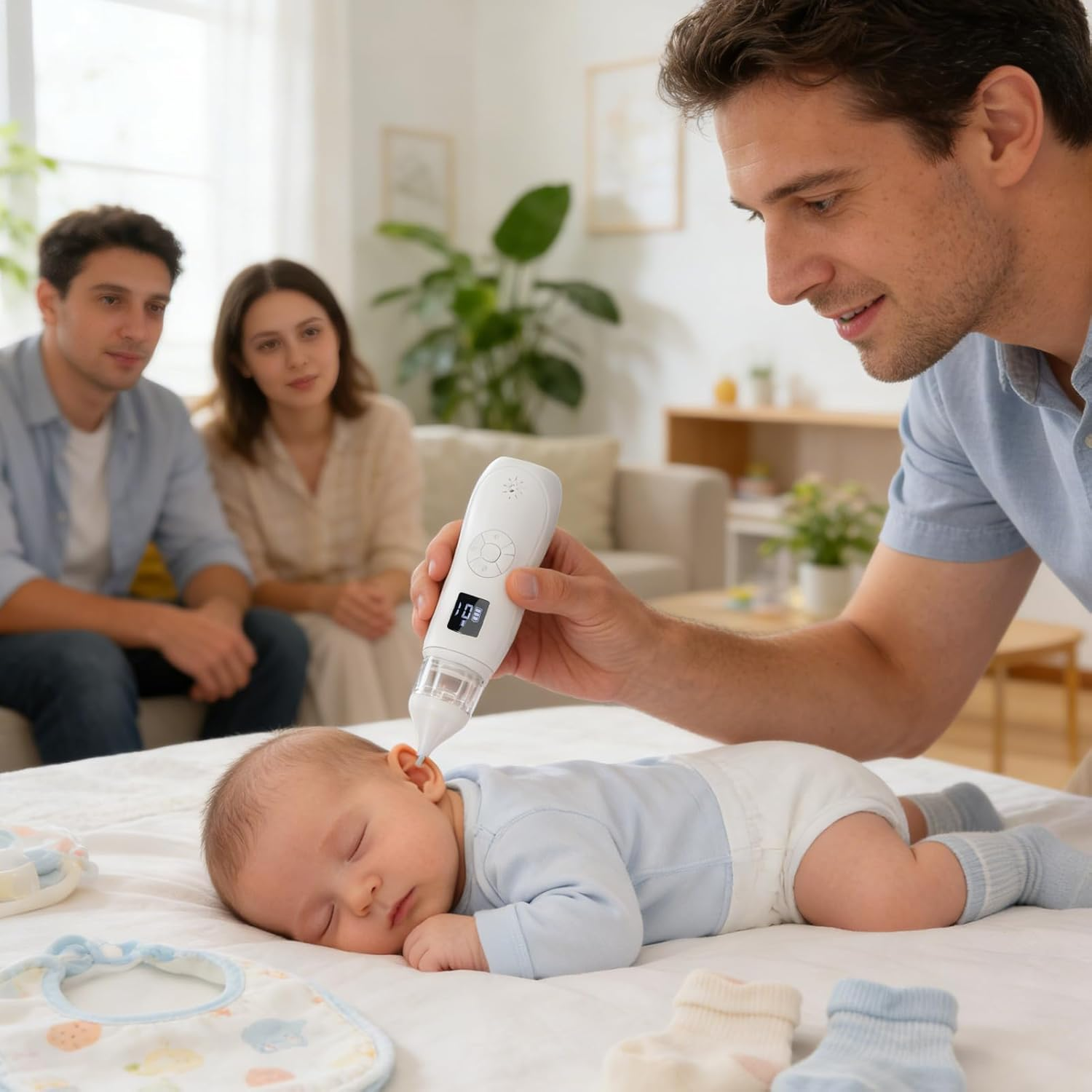 Ein Mann benutzt ein digitales Ohrenthermometer bei einem schlafenden Baby.