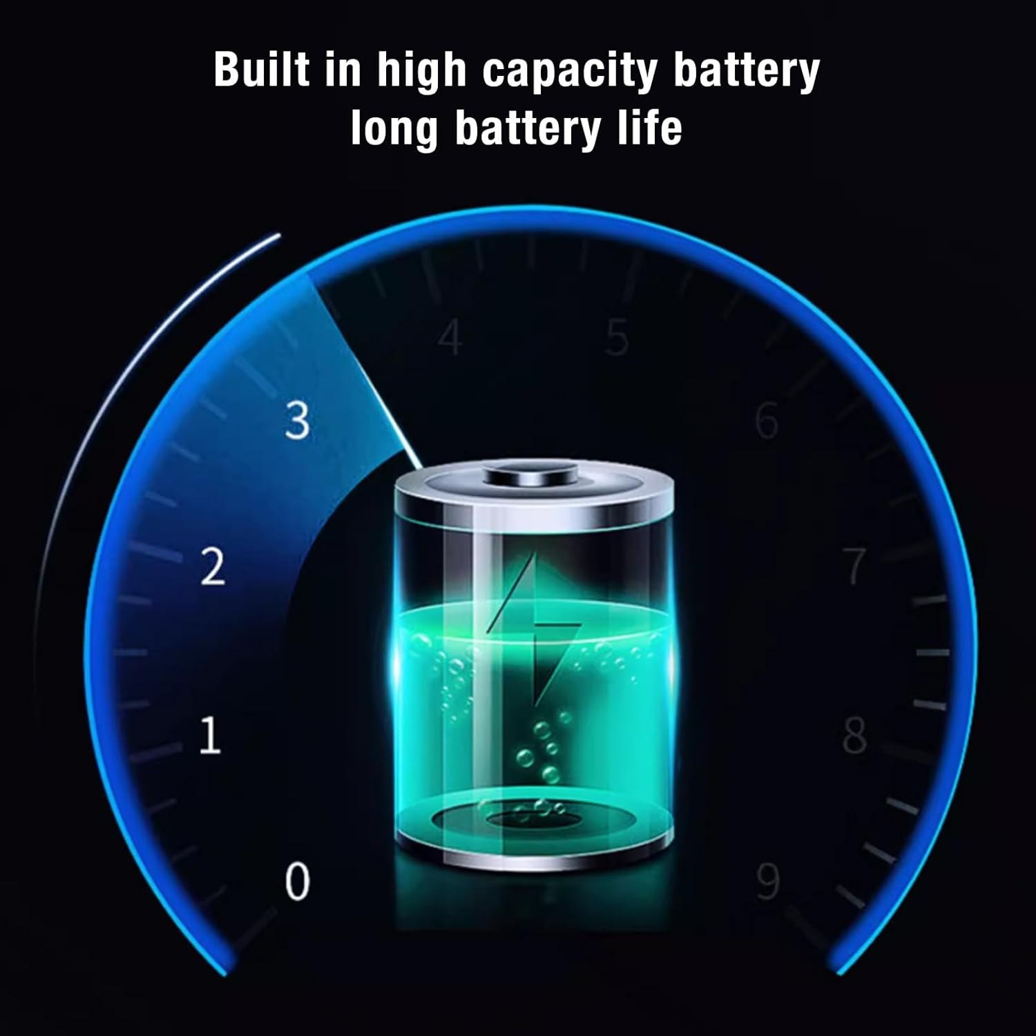 Ein Batteriesymbol zeigt den Ladezustand auf einer blauen Anzeige mit den Zahlen 0-9 an.