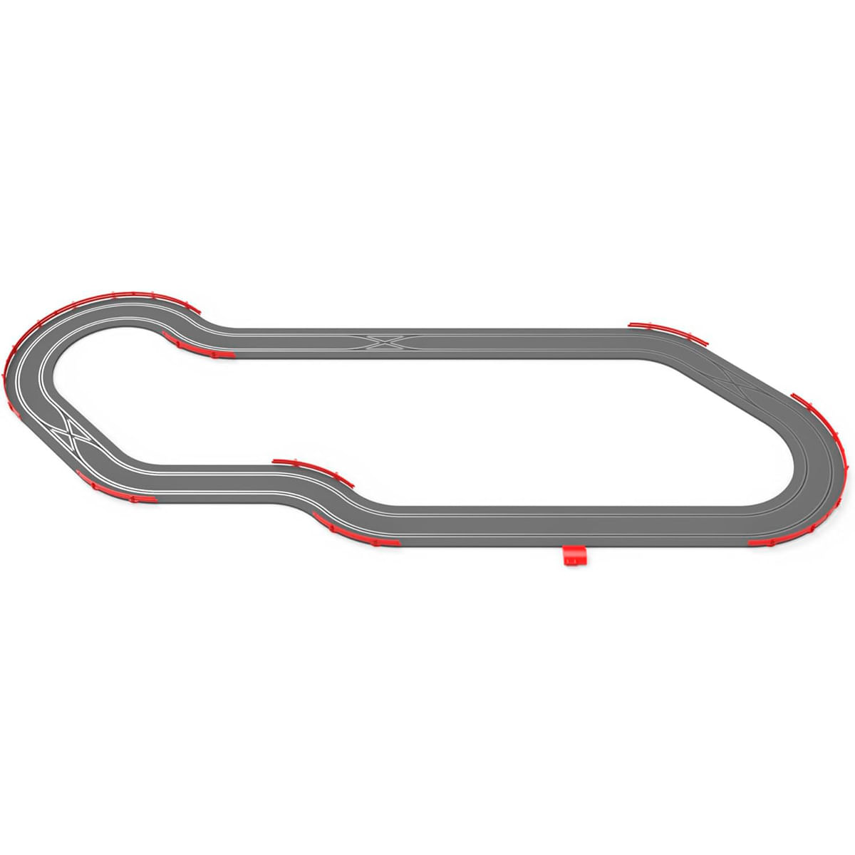 Una pista de carreras gris con barreras rojas sobre fondo blanco.