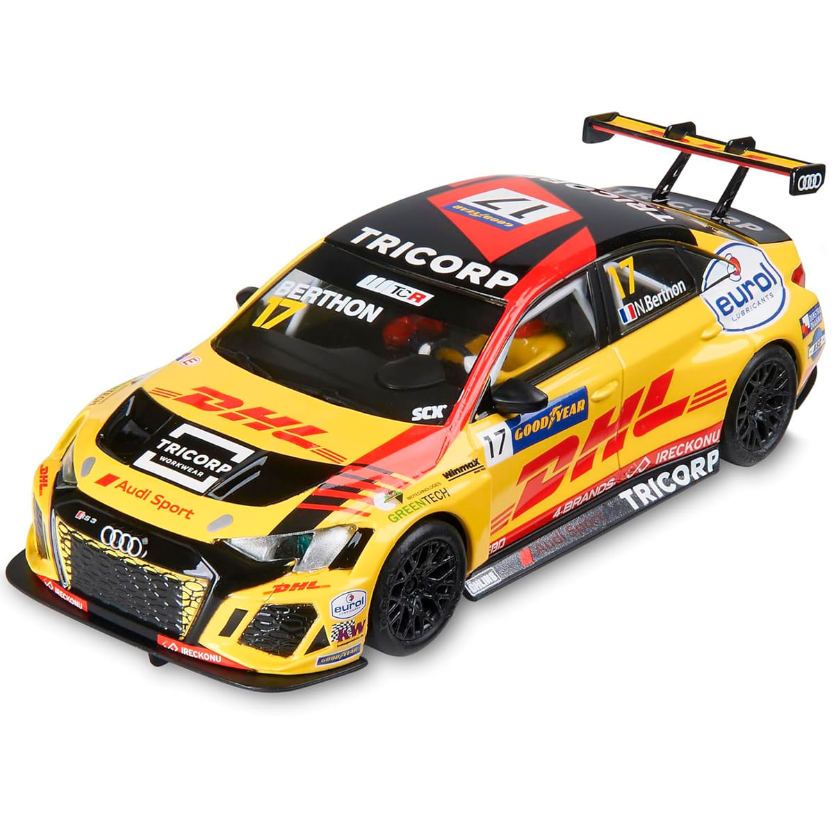 Coche de carreras amarillo con detalles negros/rojos, logos de patrocinadores y alerón trasero.