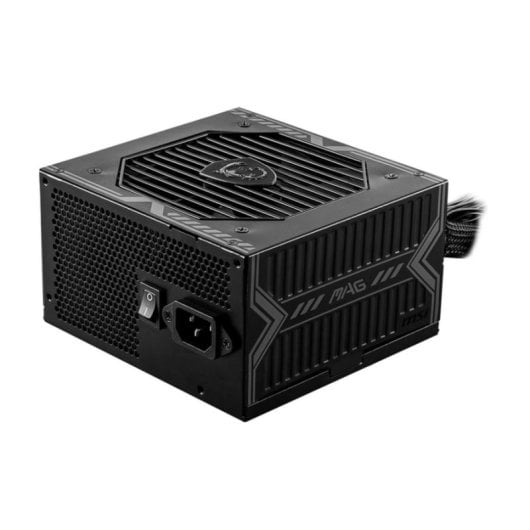 Bloc d'alimentation noir pour ordinateur avec grille et interrupteur.