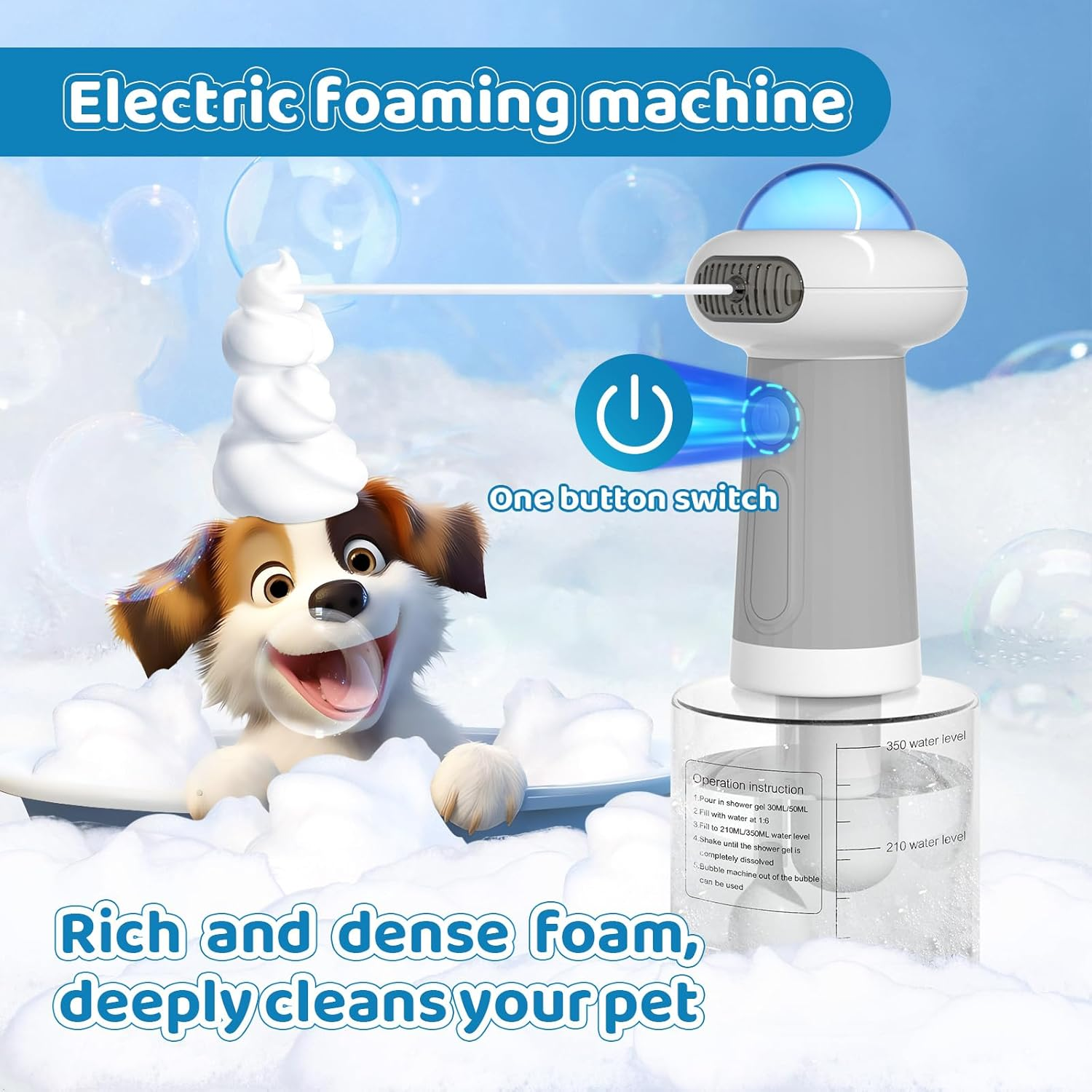 Elektrische Schaummaschine mit Hund und Bedienungsanleitung für Schaum.