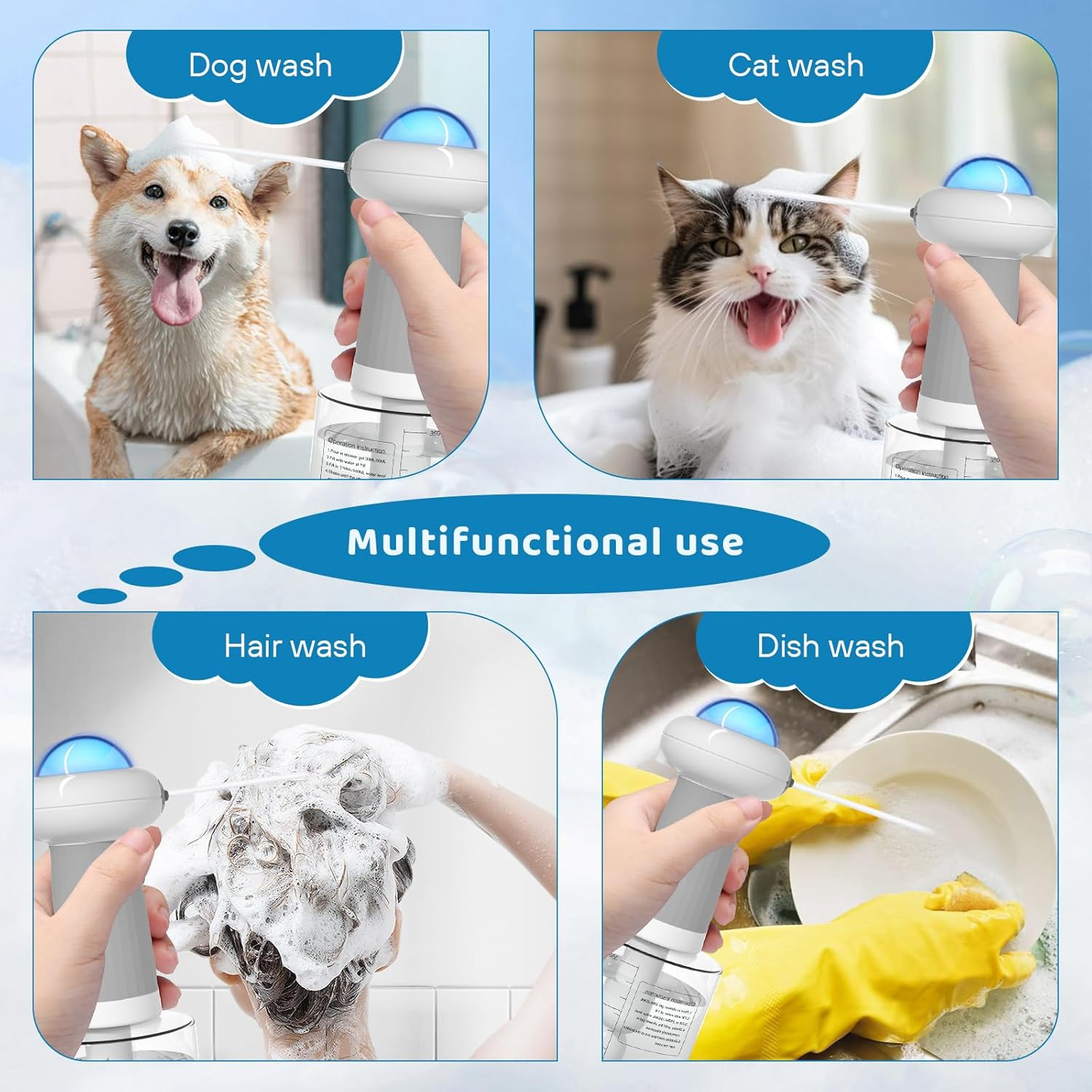 Vier Bilder: Hund, Katze, Haare und Geschirr werden mit einem Sprühgerät gewaschen.