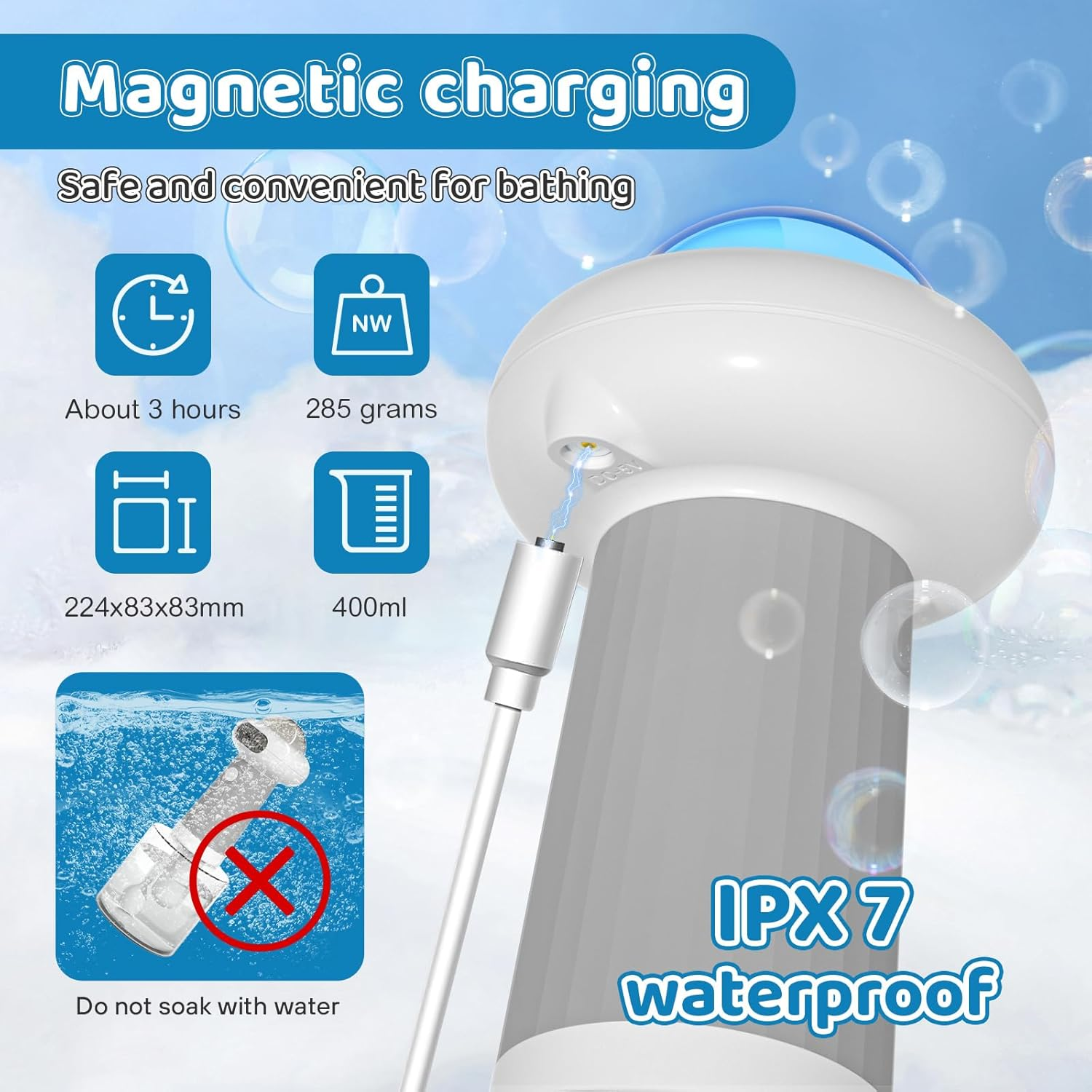 Magnetische Ladung, 3 Std. Ladezeit, 285g, 224x83x83mm, 400ml. Nicht einweichen.