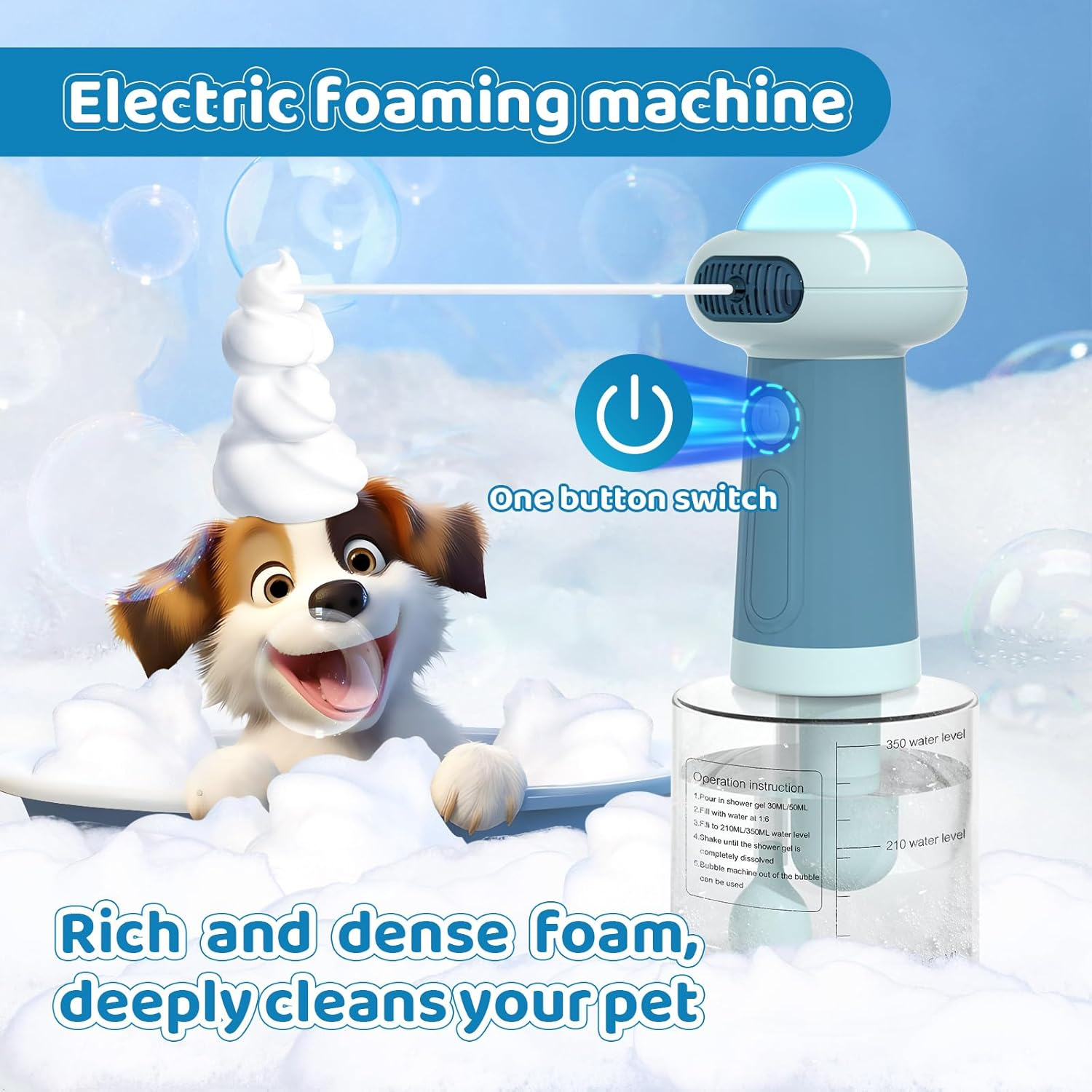 Ein Hund in Schaum, neben einer elektrischen Schaummaschine mit Bedienungsanleitung.
