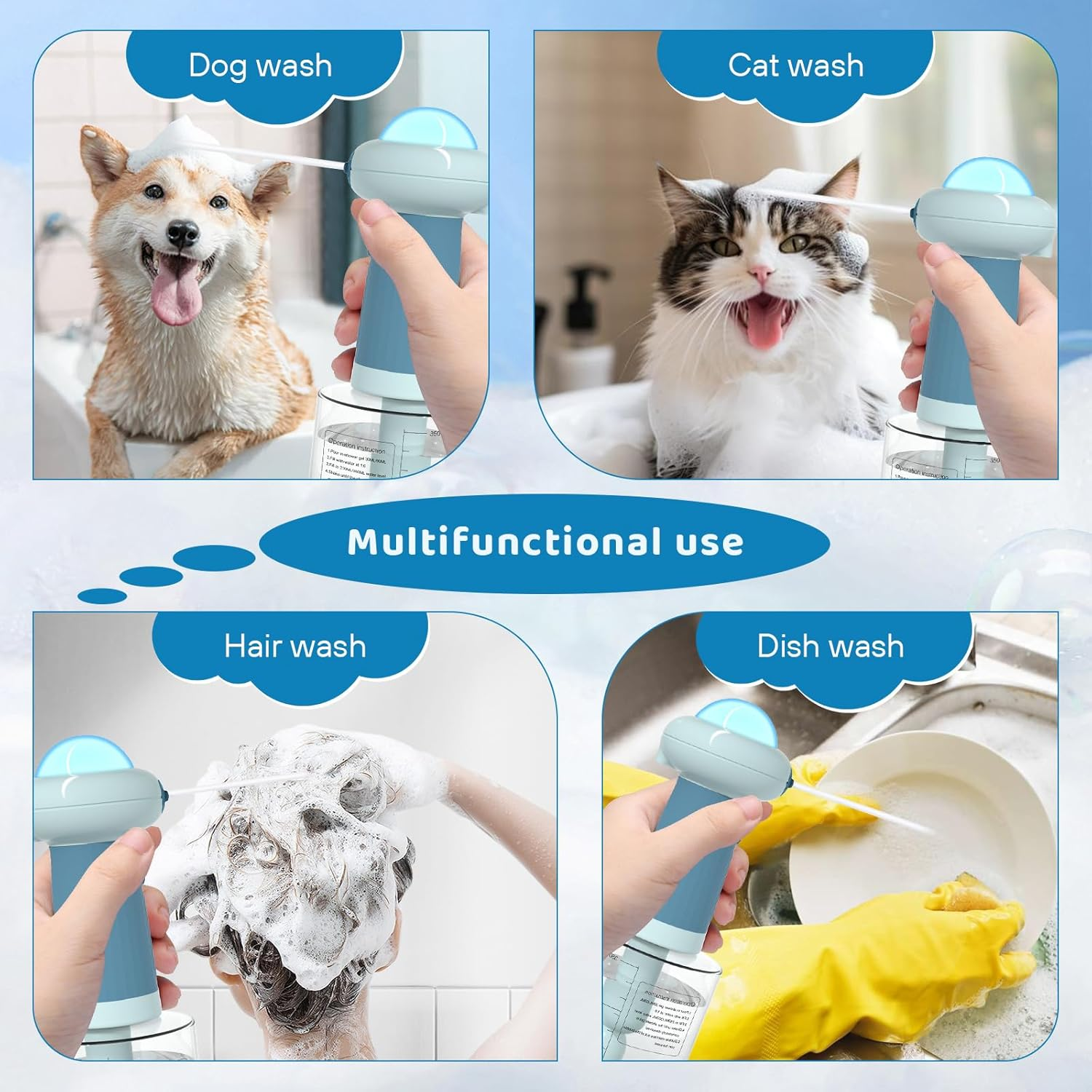 Collage zeigt Hunde-, Katzen-, Haar- und Geschirrspülen mit Sprühflasche.