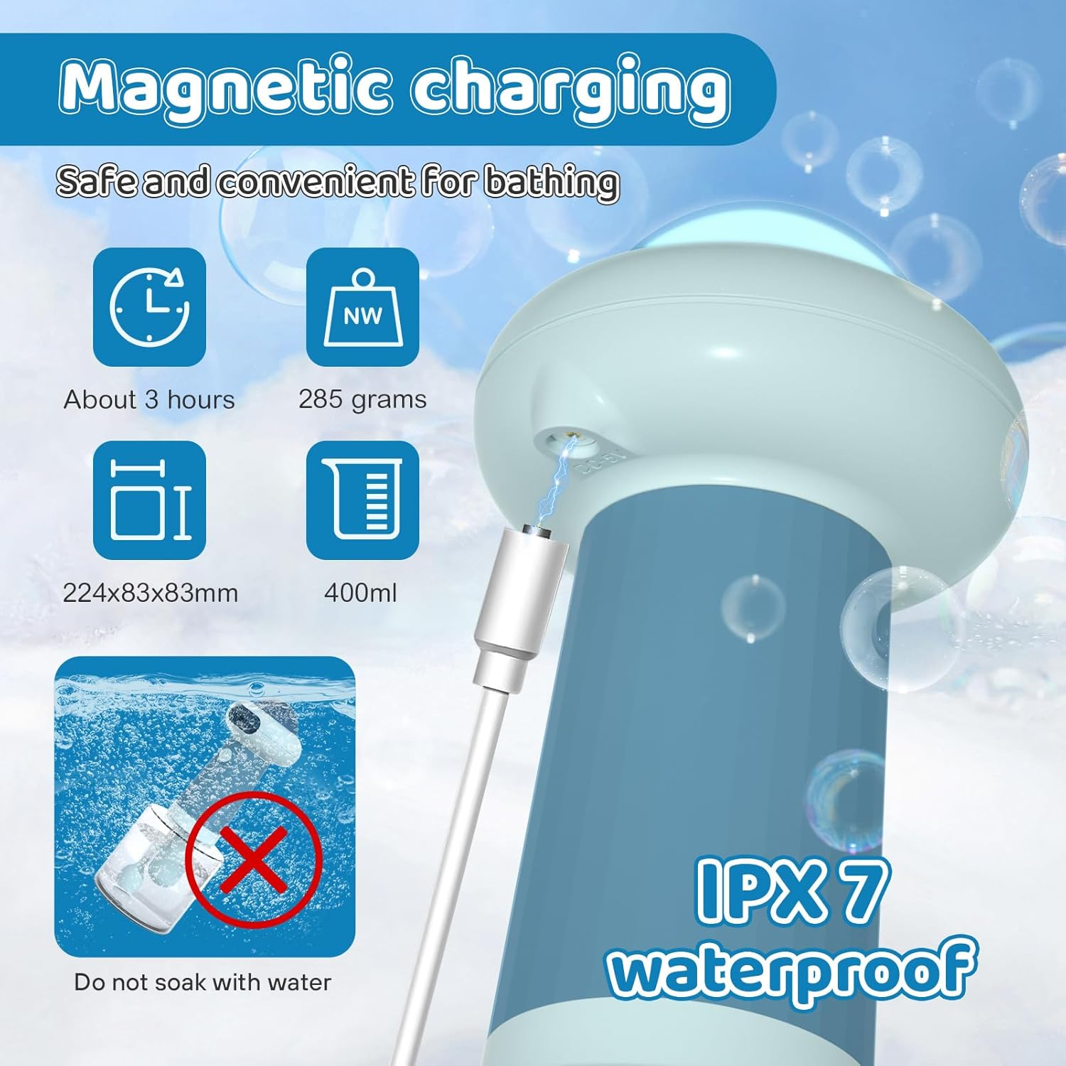 Ein hellblaues Gerät mit magnetischer Ladeanzeige, IPX7 wasserdicht.