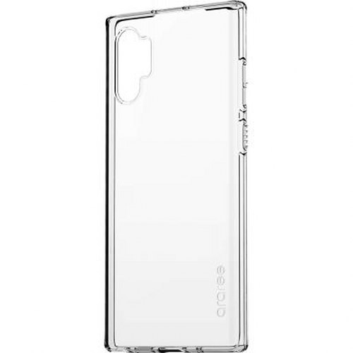 Custodia trasparente per telefono con ritaglio fotocamera e pulsanti laterali.