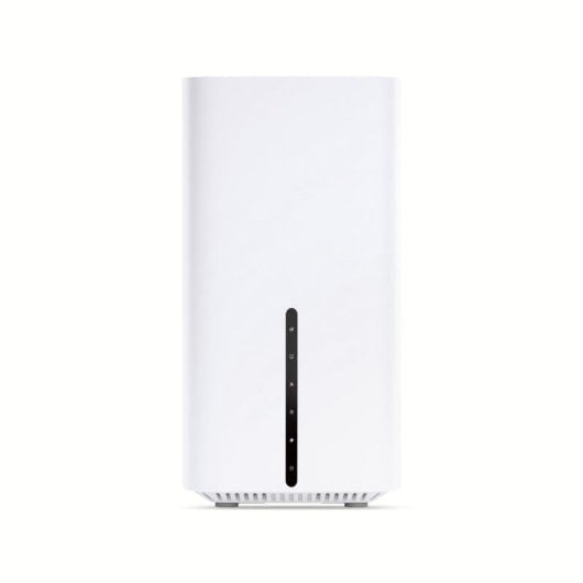 Un humidificador blanco con un indicador de nivel de agua negro sobre fondo blanco.