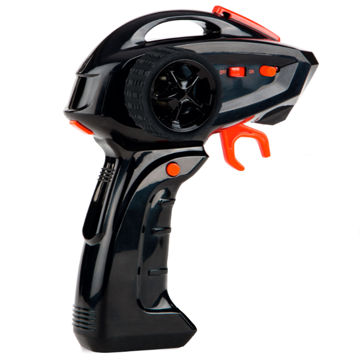 Control remoto negro con gatillo y rueda naranja. Aislado en blanco.