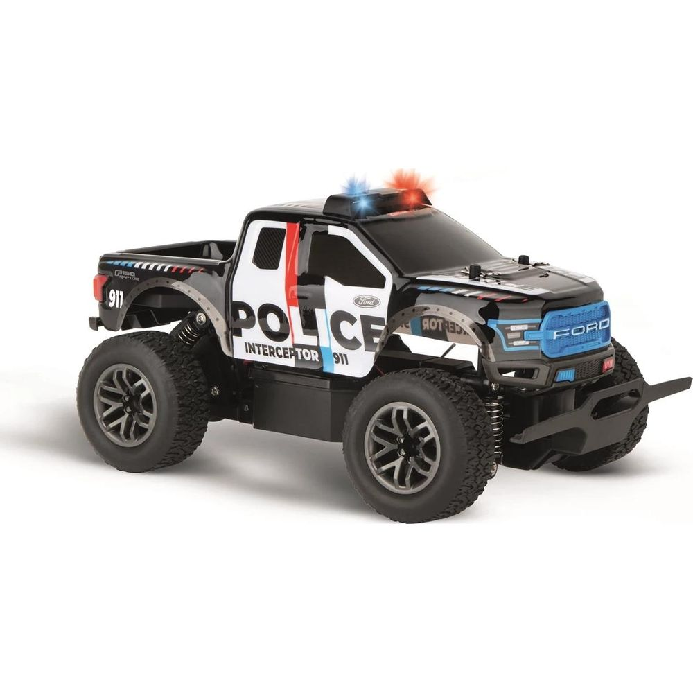 Un camión de juguete de policía Ford F-150 negro con luces rojas y azules.