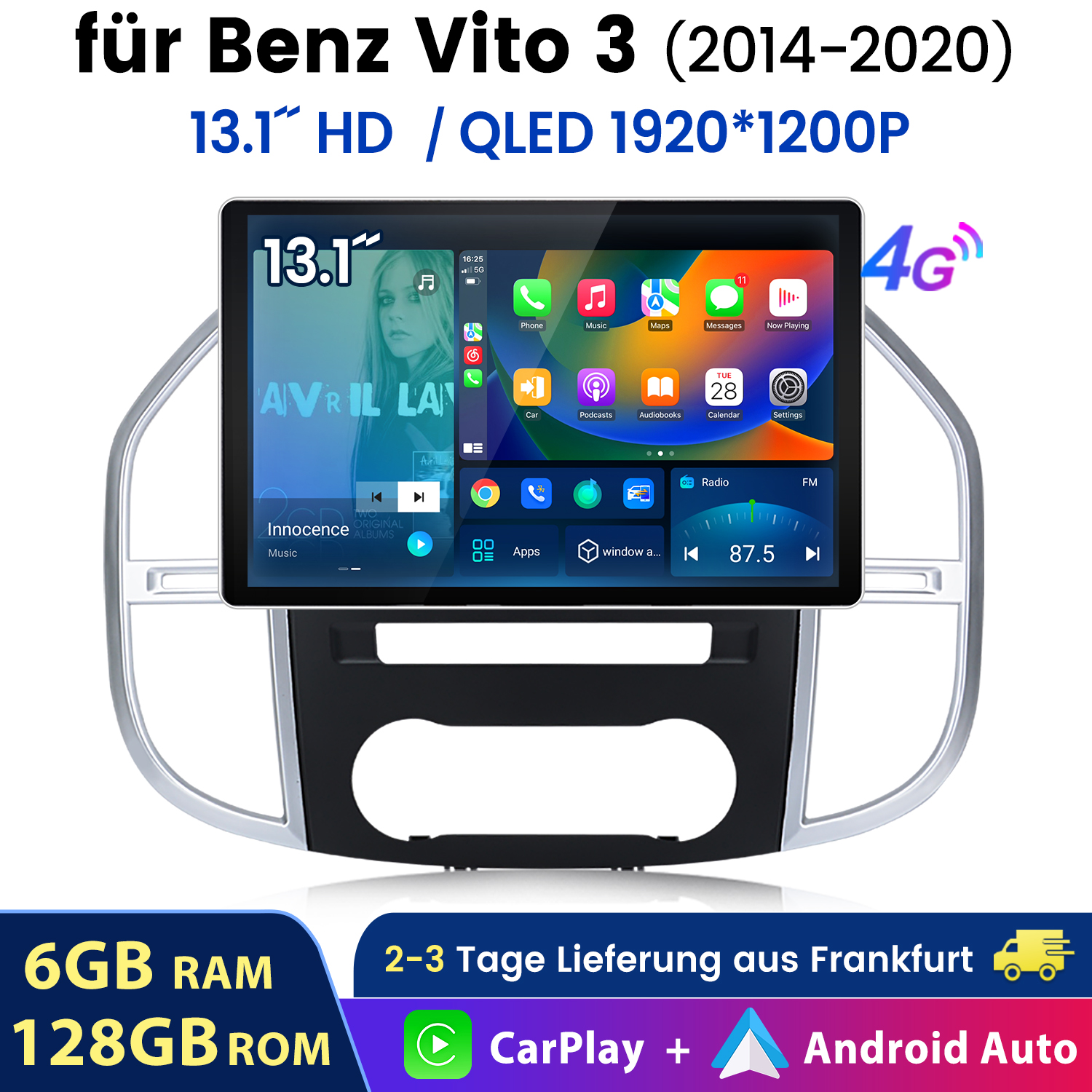 Ein 13,1-Zoll-HD/QLED-Autoradio für Benz Vito 3 (2014-2020) mit Avril Lavigne auf dem Bildschirm.