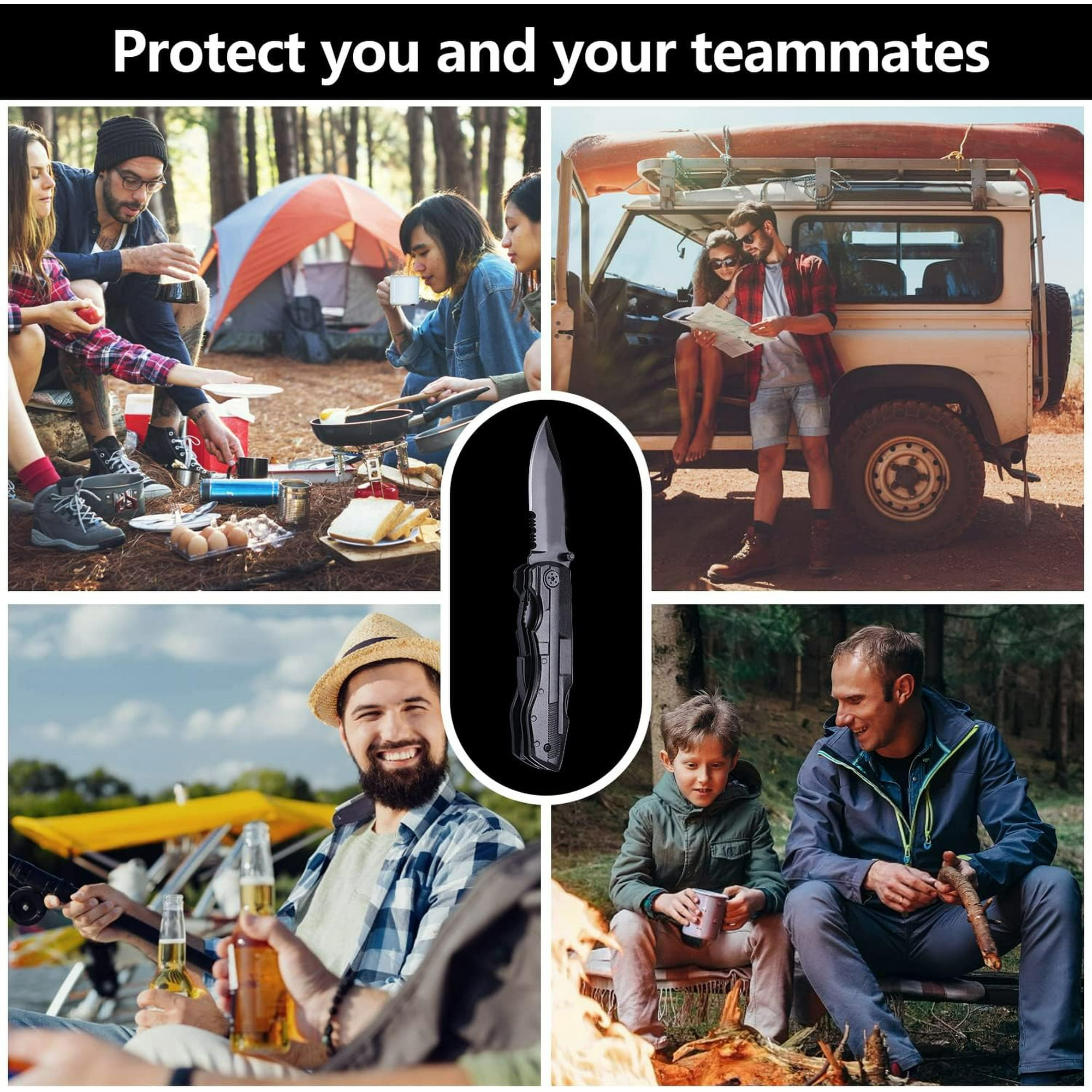 Collage zeigt Camping, Angeln, Autofahren und ein Messer.