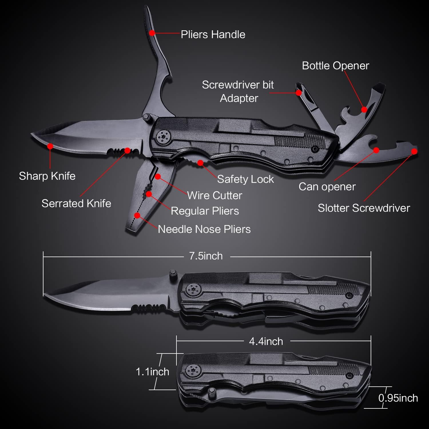 Ein schwarzes Multitool mit ausgeklappten Werkzeugen wie Messern, Zange und Öffnern. Maße sind angegeben.