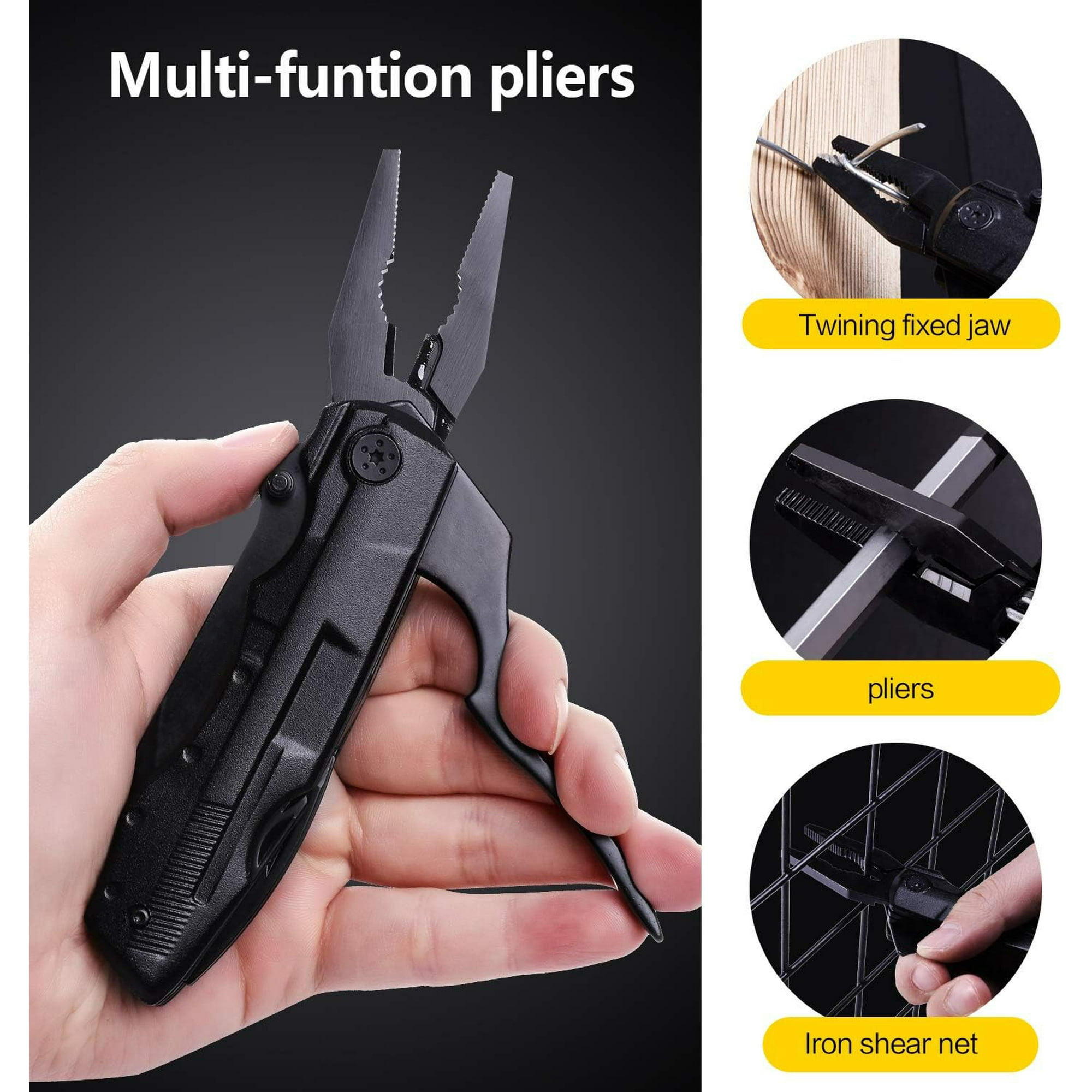 Eine Hand hält ein schwarzes Multitool mit Zange. Einsätze zeigen seine Funktionen.