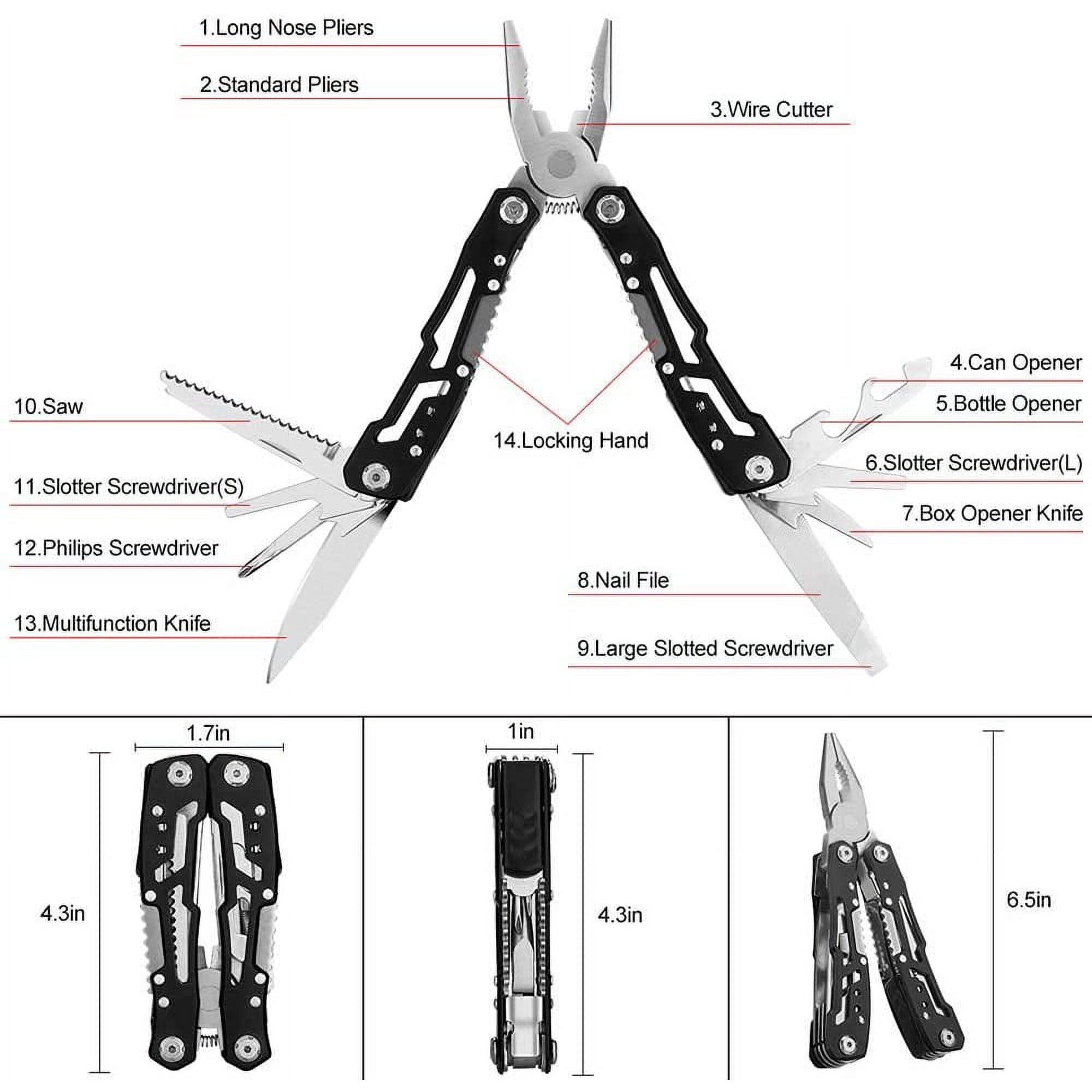 Ein Multitool mit Zange, Säge, Messern und Schraubendrehern.