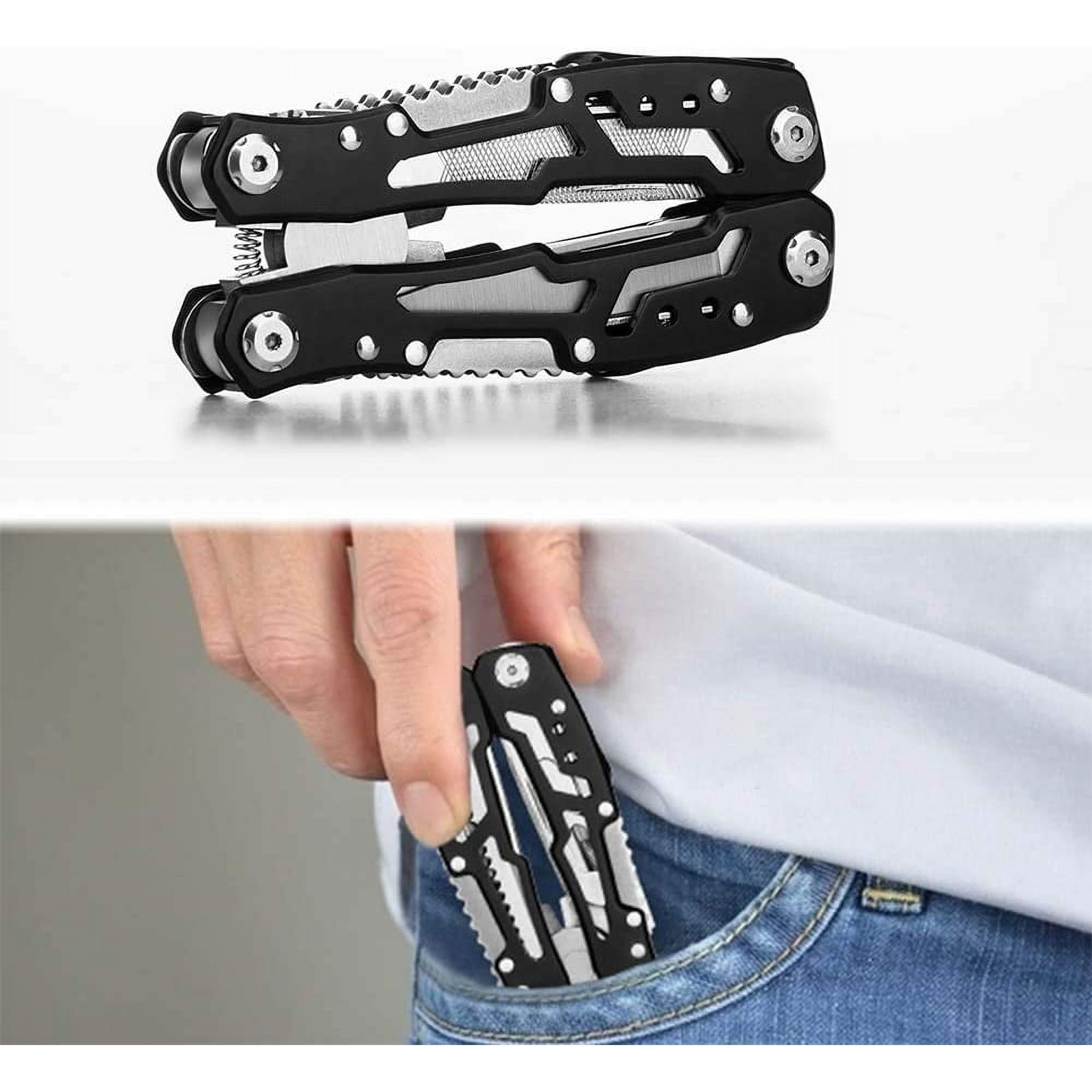 Ein schwarzes Multitool mit silbernen Akzenten wird in eine Jeanstasche gesteckt.