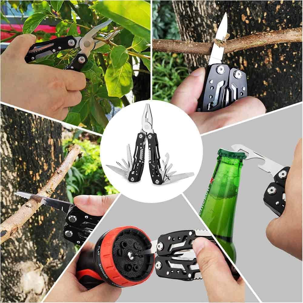 Ein Multitool wird zum Schneiden von Zweigen und zum Öffnen einer Flasche verwendet.