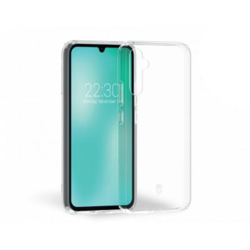 Ein durchsichtiger Handytasche liegt neben einem Smartphone mit blaugrünem Bildschirm.