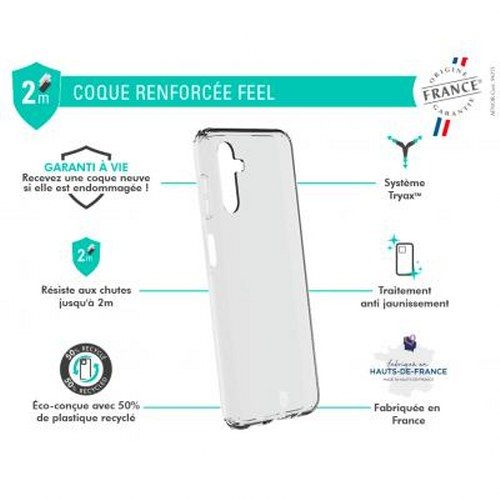 Transparente Handyhülle mit "FEEL"-Aufschrift, lebenslange Garantie.