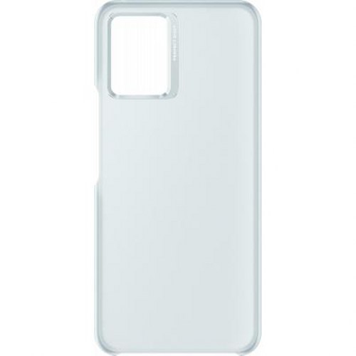 Una cover trasparente per telefono con ritaglio rettangolare per la fotocamera.