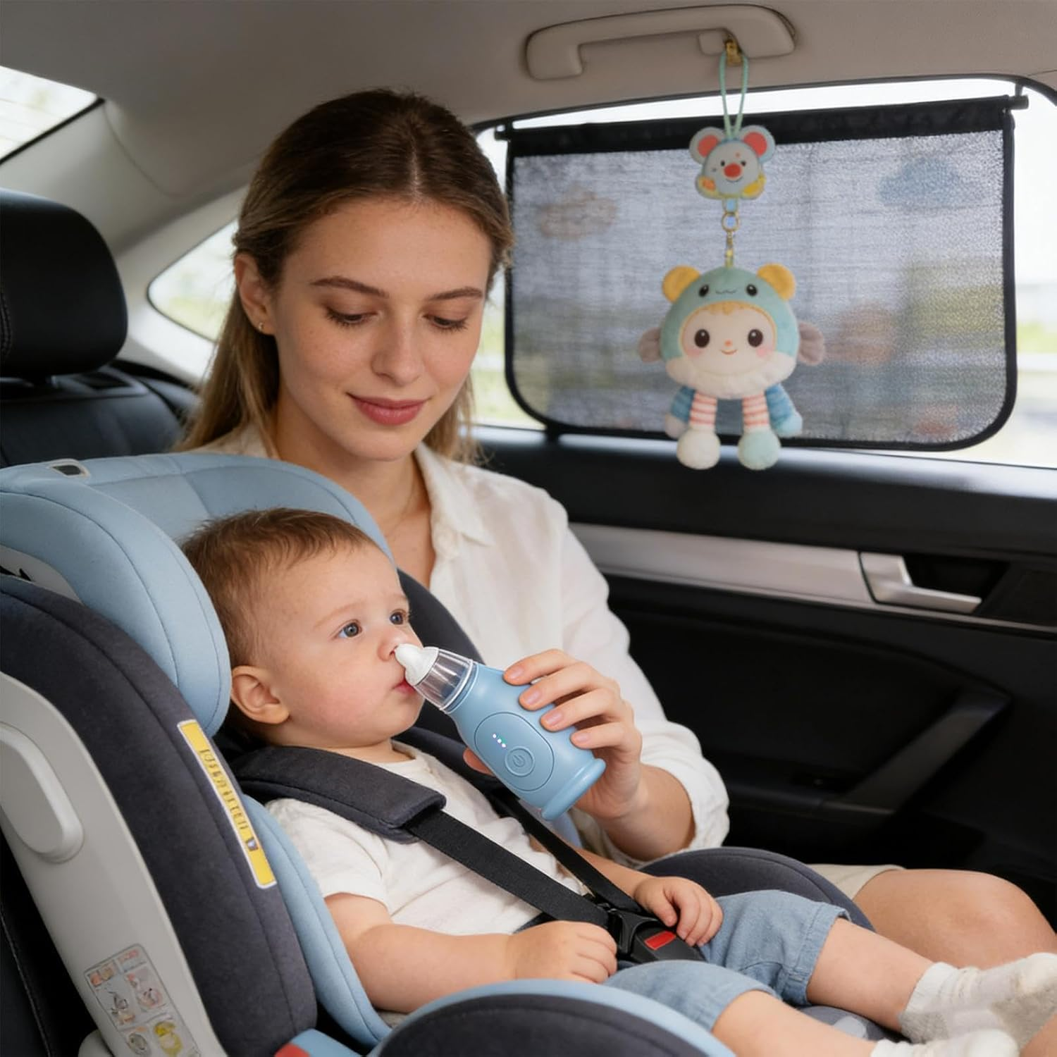Eine Frau benutzt in einem Auto ein blaues Nasensauggerät an einem Baby im Kindersitz.