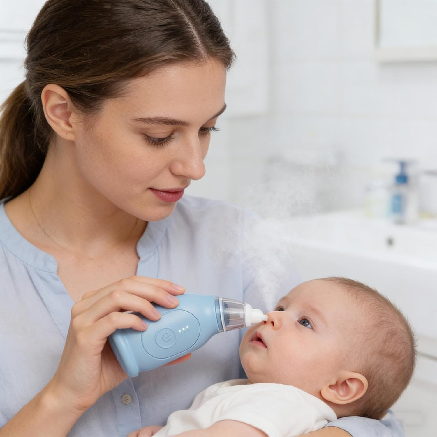 Eine Frau benutzt ein blaues Nasensauggerät an einem Baby in einem Badezimmer.