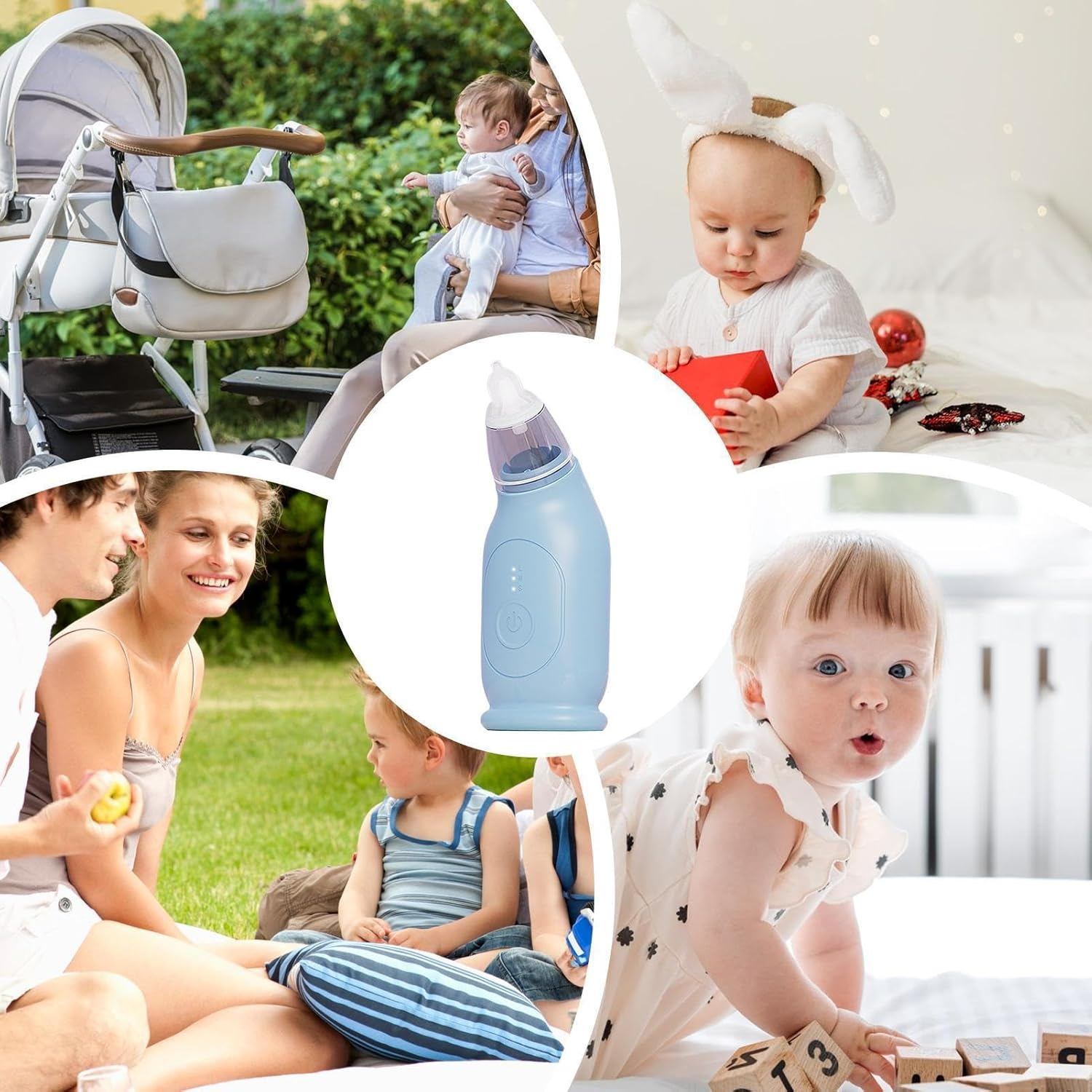 Collage zeigt Babys, Kinder und Familie. Ein blauer Nasensauger in der Mitte.