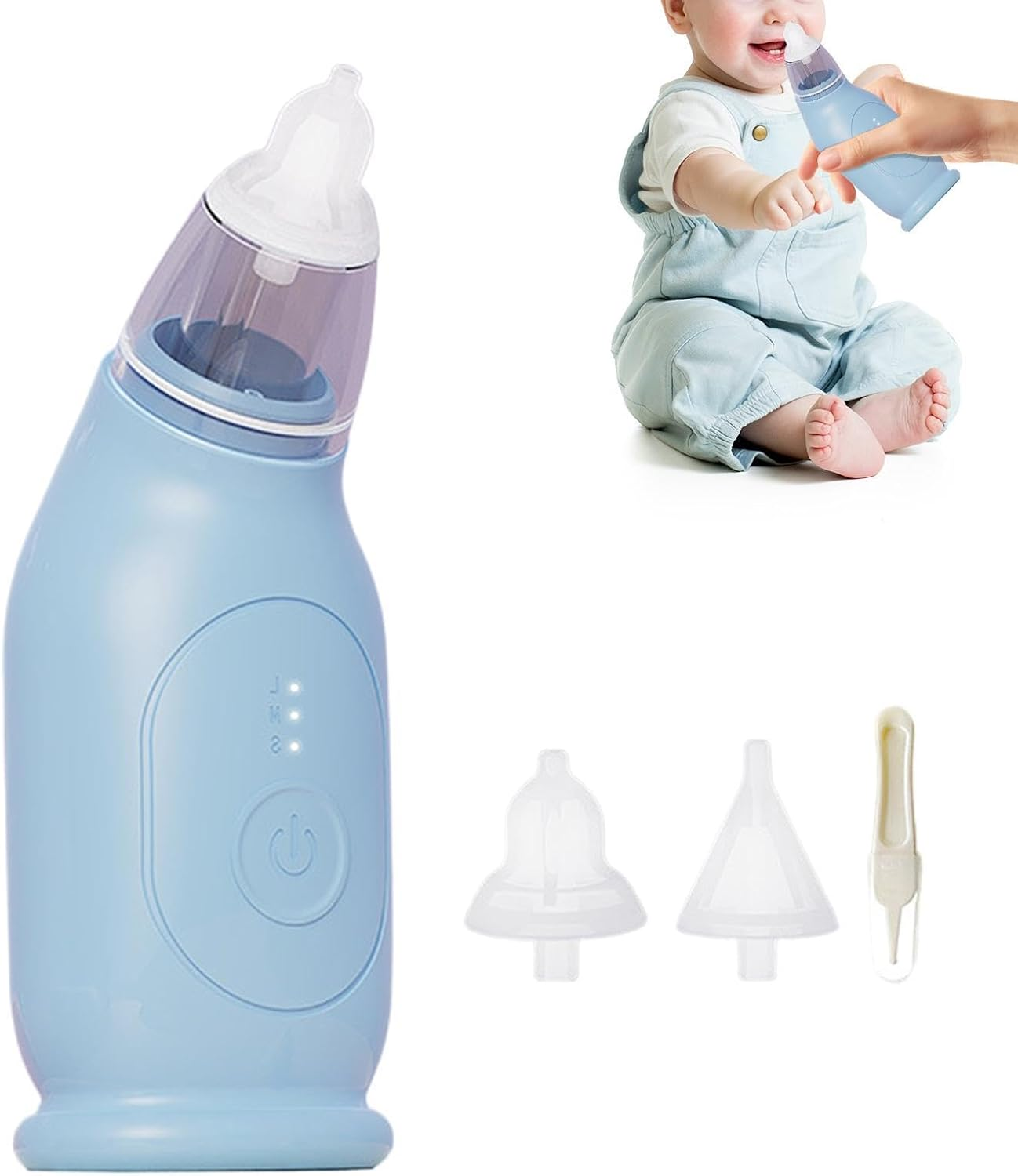 Ein blaues Nasensauggerät mit Zubehör und ein Baby, dem es benutzt wird.
