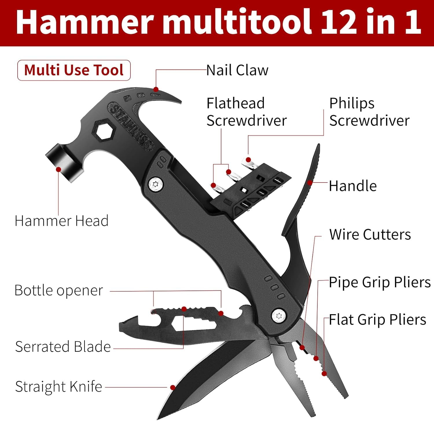 Schwarzes 12-in-1 Multitool mit Hammer, Zange, Schraubendrehern, Messer und Flaschenöffner.